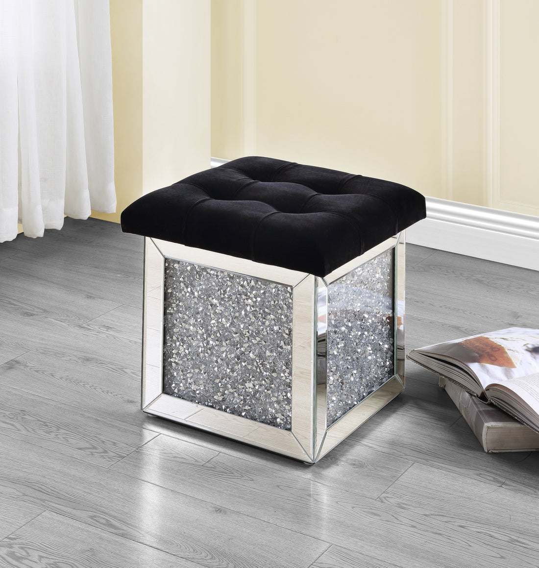 Noralie Ottoman W Storage Mirrored & Faux Diamonds Ac00530 Silver Glass