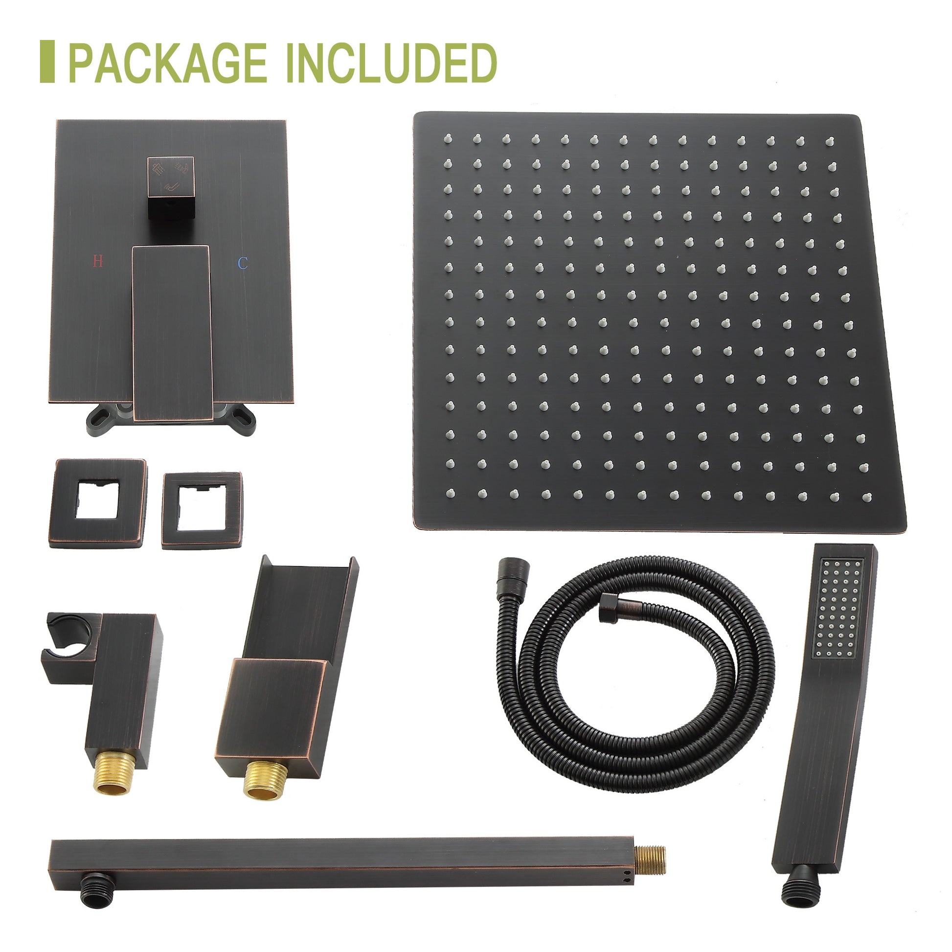 Shower System With Waterfall Tub Spout,12 Inch Wall Mounted Square Shower System With Rough In Valve, Oil Rubber Bronze Oil Rubbed Bronze Stainless Steel