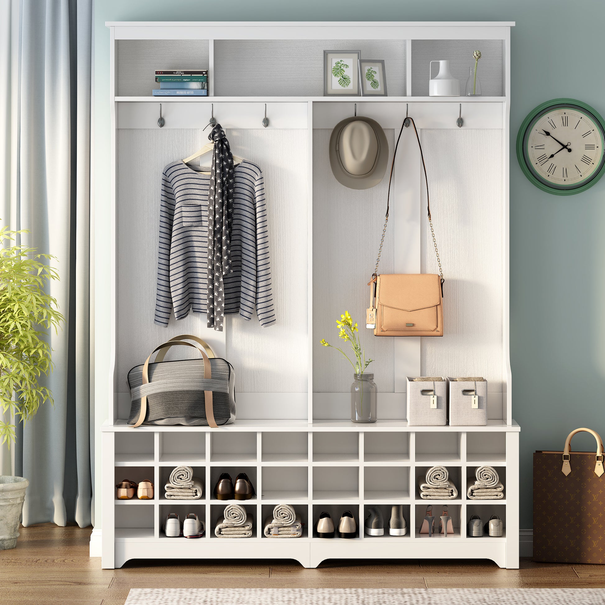 Modern Style Multiple Functions Hallway Coat Rack With Metal Black Hooks, Entryway Bench 60" Wide Hall Tree With Large Storage Space And 24 Shoe Cubbieswhite Old Sku: Wf286983Aak White Mdf