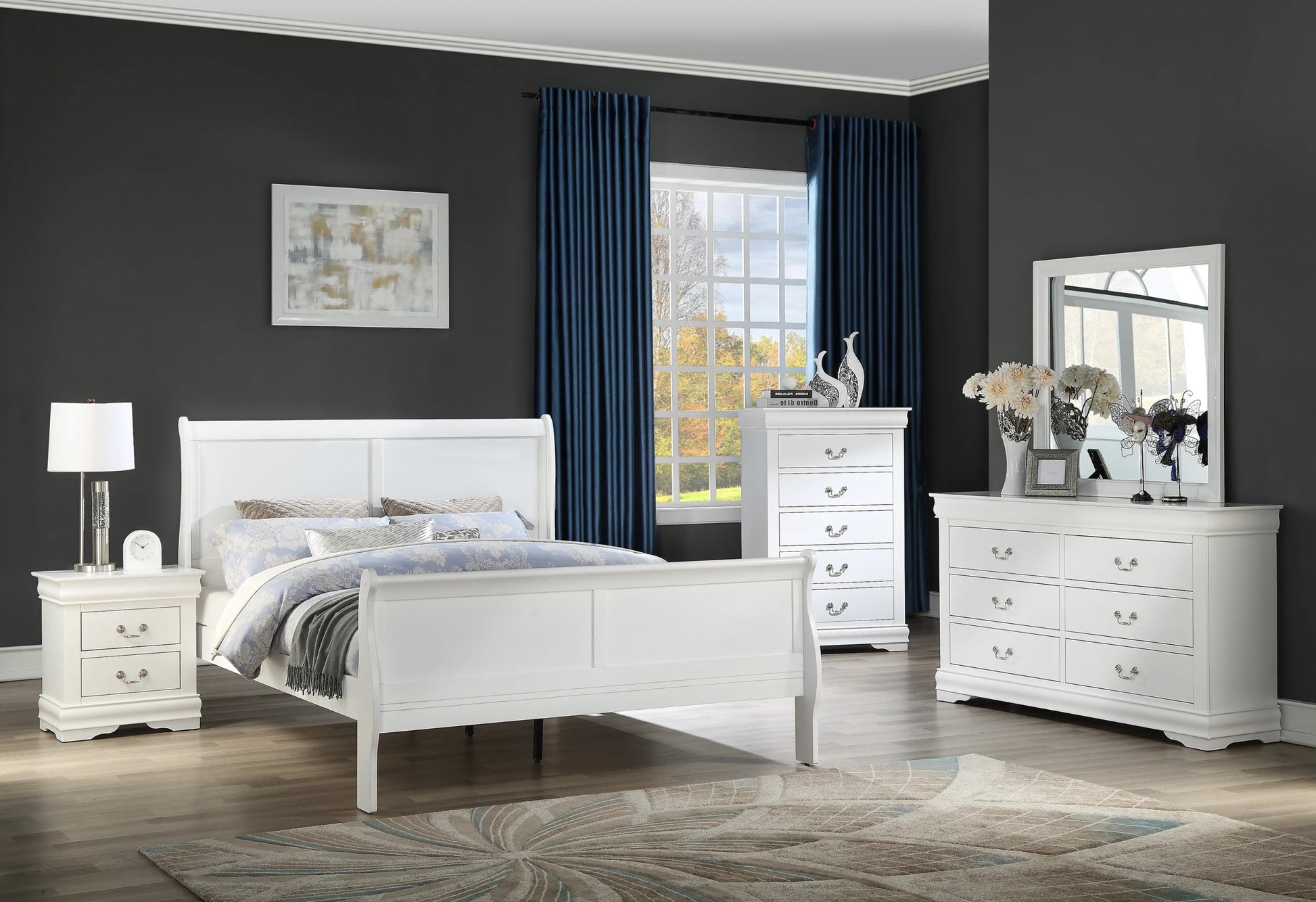 Louis Phillipe White Finish Queen Size Panel Sleigh Bed Solid Wood Wooden Bedroom Furniture Queen White Solid Wood