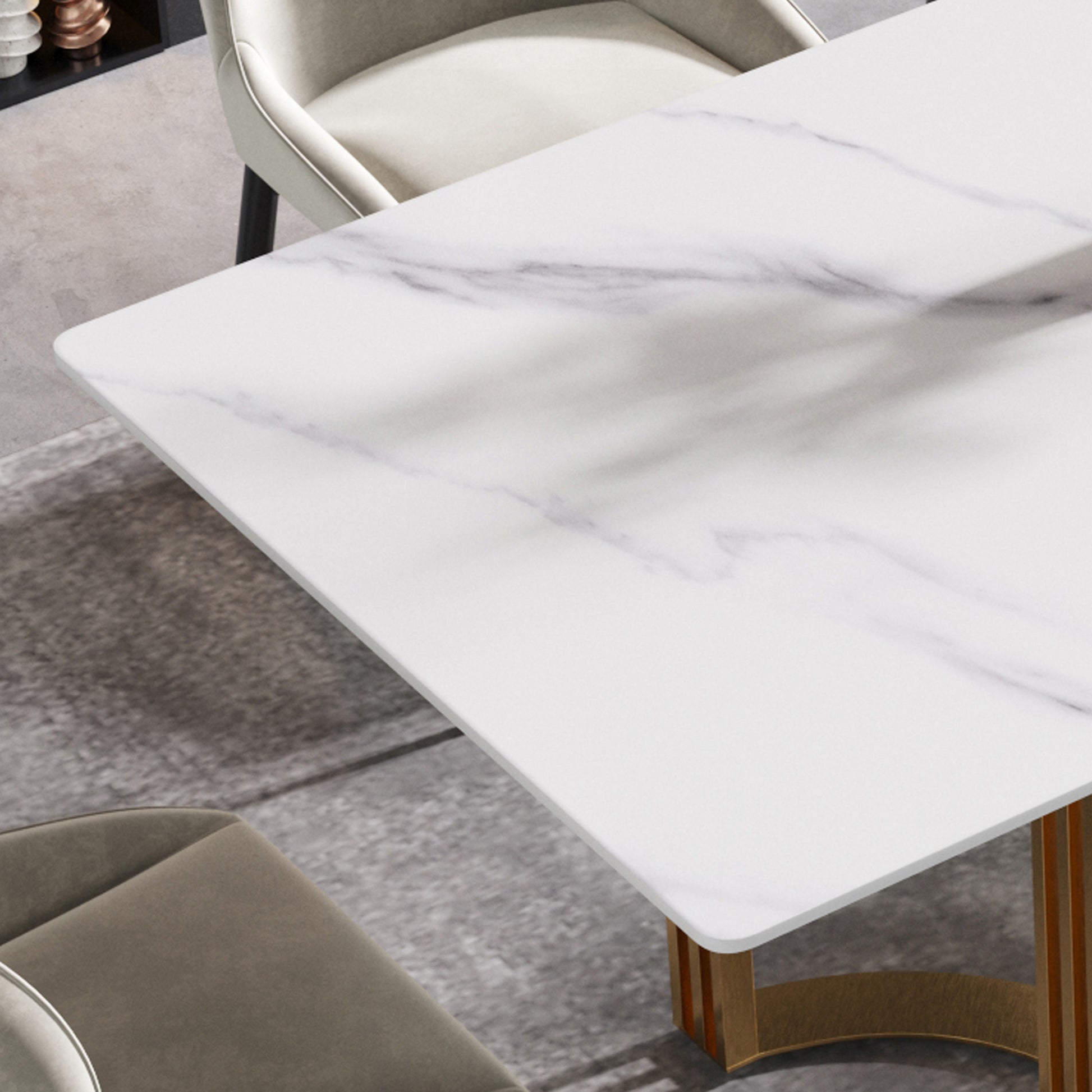 63"Modern Artificial Stone White Straight Edge Golden Metal Leg Dining Table 6 People White Metal Sintered Stone