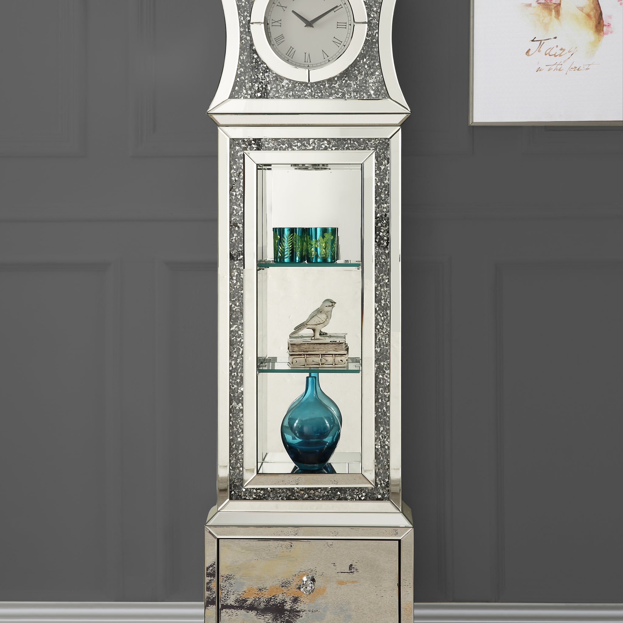 Noralie Grandfather Clock W Led Mirrored & Faux Diamonds Ac00350 Silver Glass