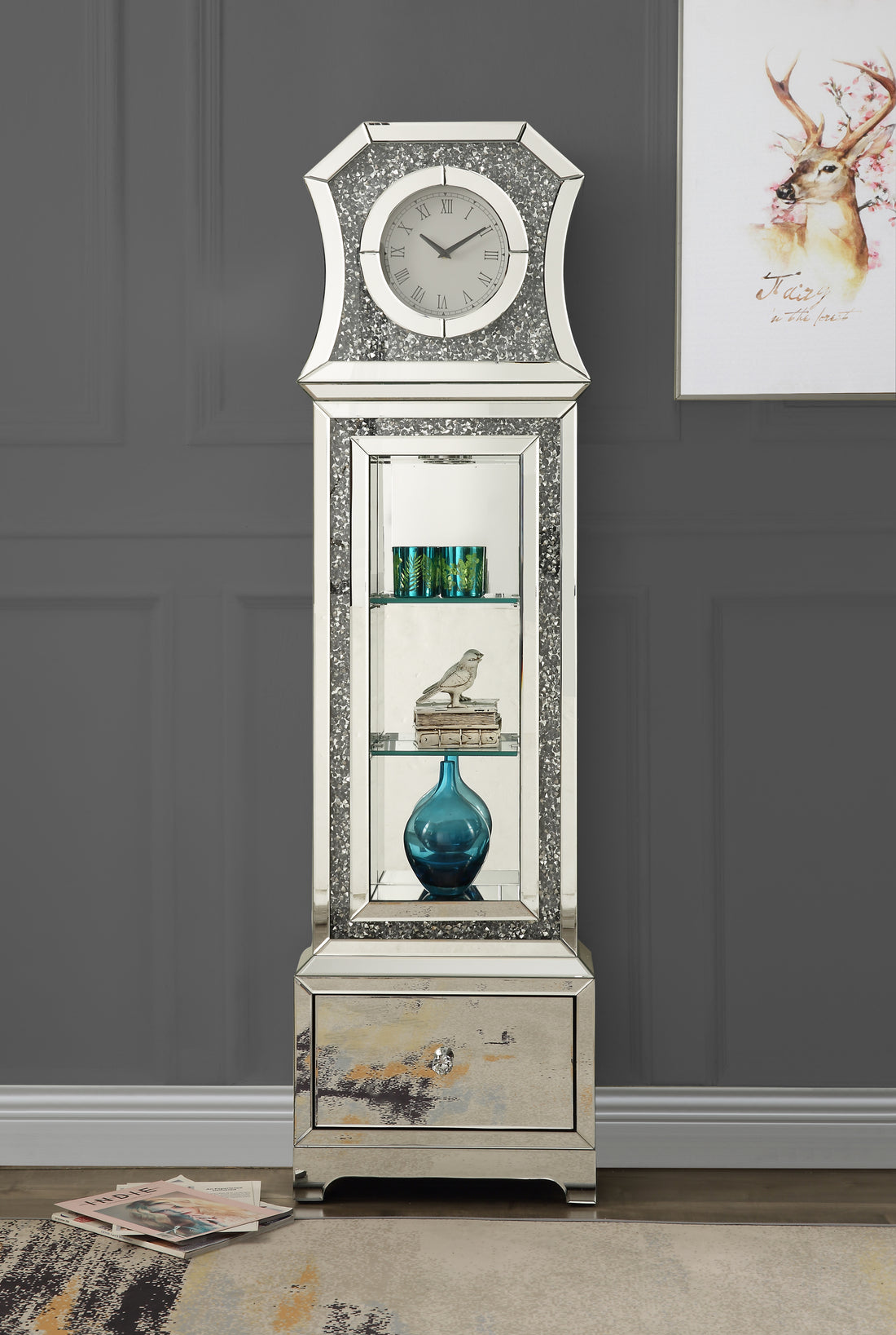 Noralie Grandfather Clock W Led Mirrored & Faux Diamonds Ac00350 Silver Glass