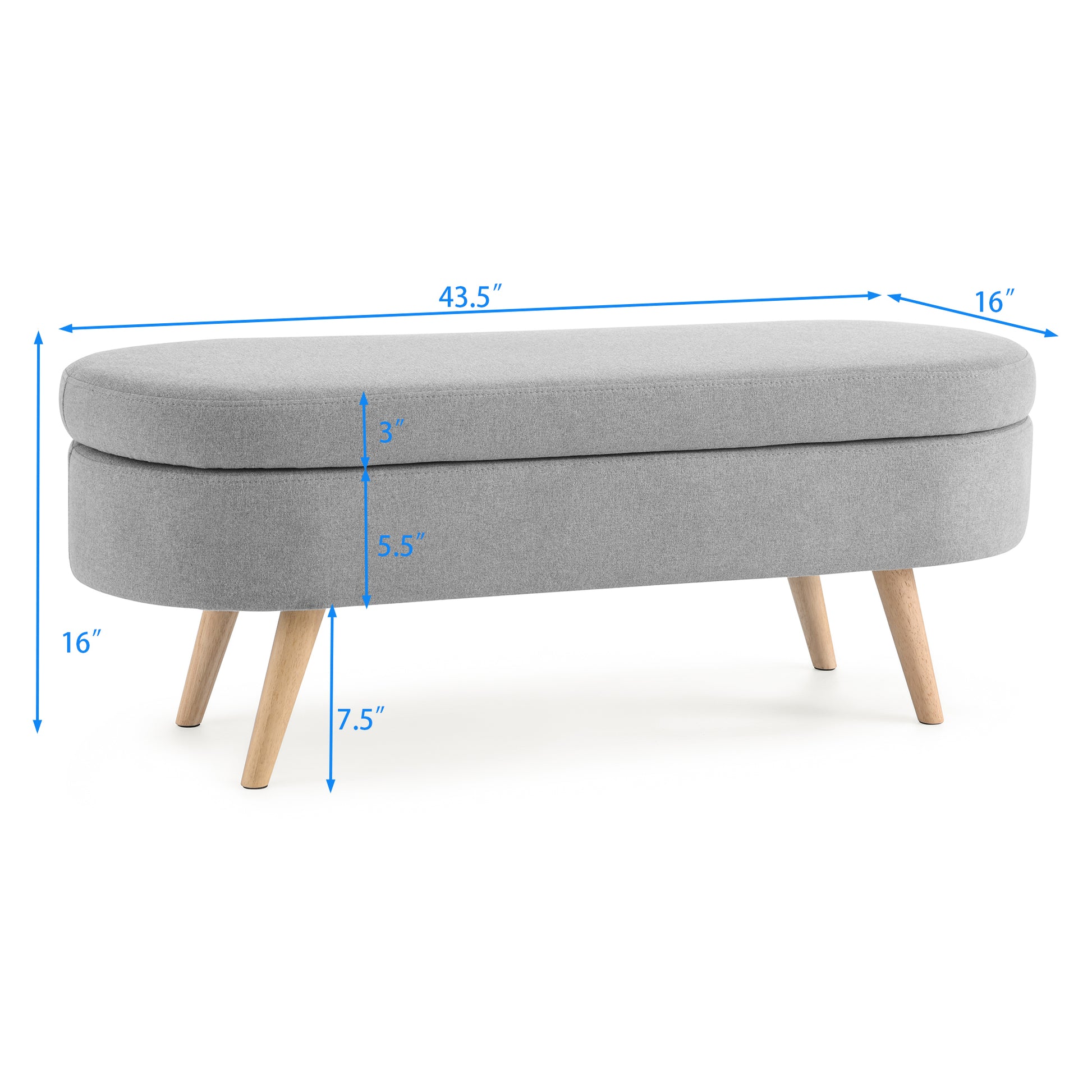 Ottoman Oval Storage Bench, Rubber Wood Legs, Grey 43.5"X16"X16" Grey Linen