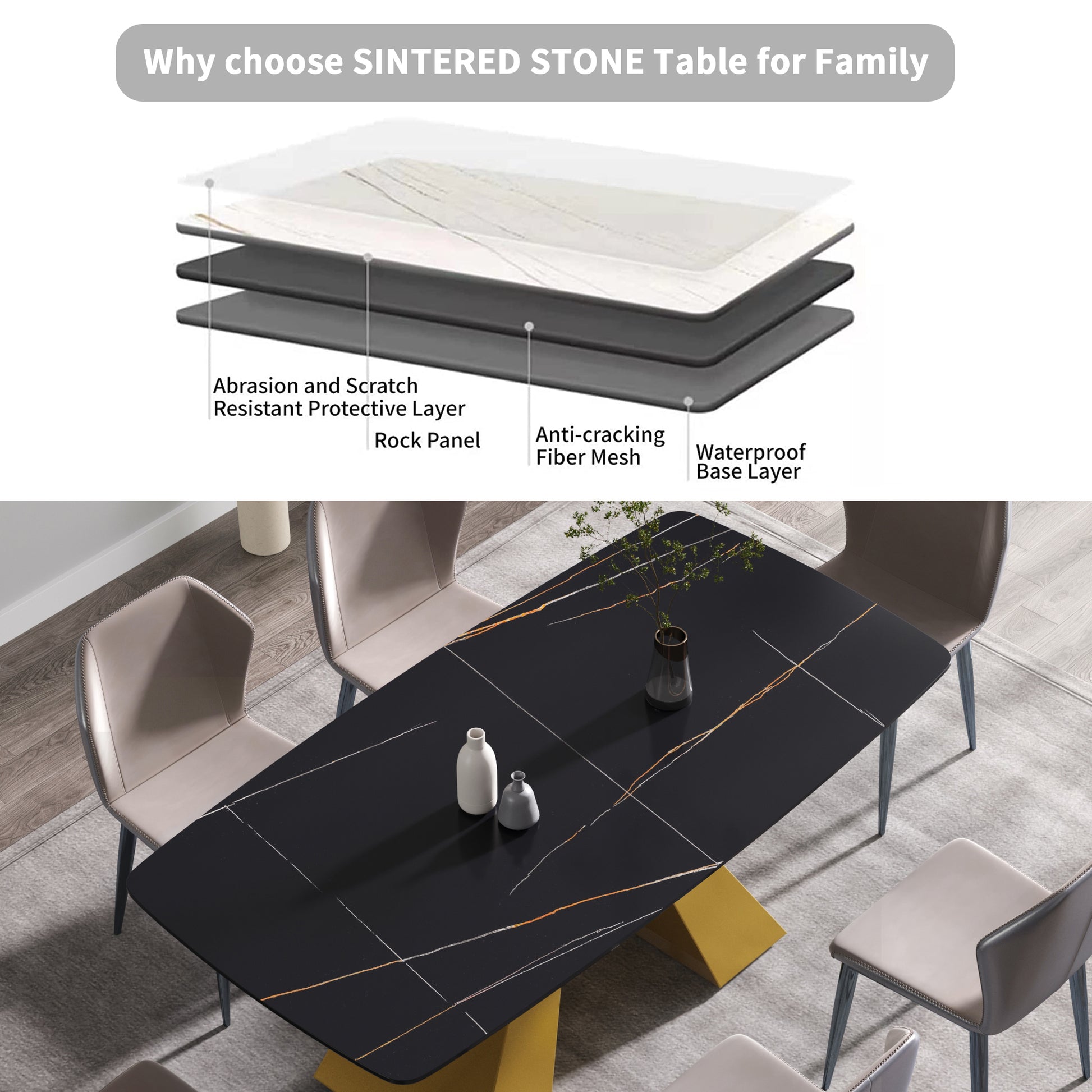 70.87"Modern Artificial Stone Black Curved Golden Metal Leg Dining Table Can Accommodate 6 8 People Black Metal Sintered Stone