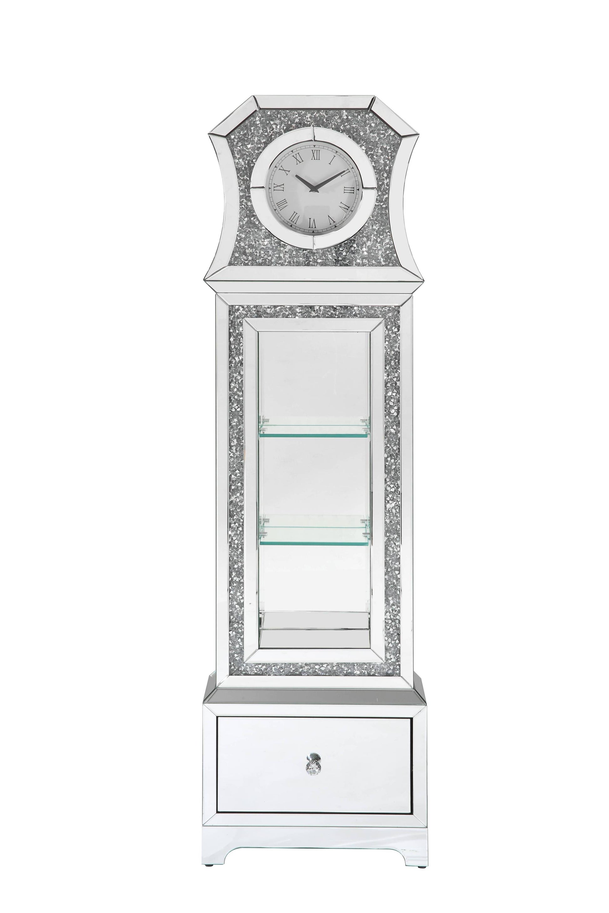 Noralie Grandfather Clock W Led Mirrored & Faux Diamonds Ac00350 Silver Glass