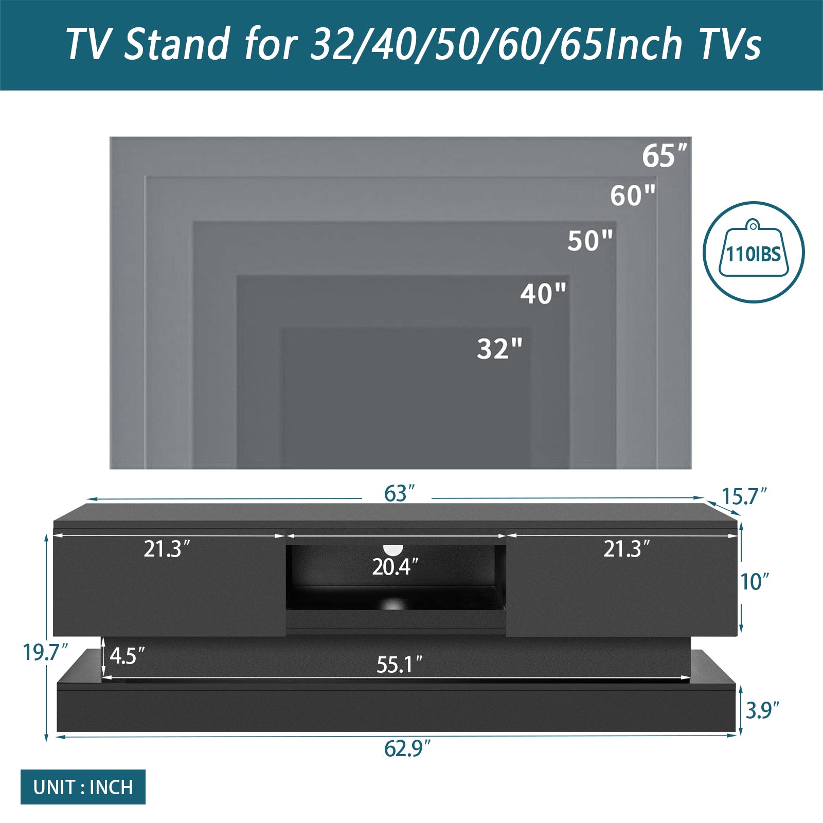 63Inch Black Morden Tv Stand With Led Lights,High Glossy Front Tv Cabinet,Can Be Assembled In Lounge Room, Living Room Or Bedroom,Color:Black Black Primary Living Space 60 Inches 60 69 Inches Classic 65 Inches Foam Particle Board