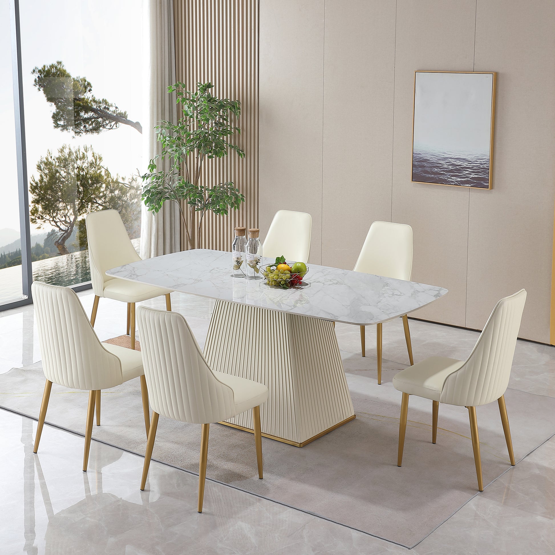 71" Contemporary Dining Table Sintered Stone Square Pedestal Base With 6 Pcs Chairs . White Dining Room American Design Sintered Stone