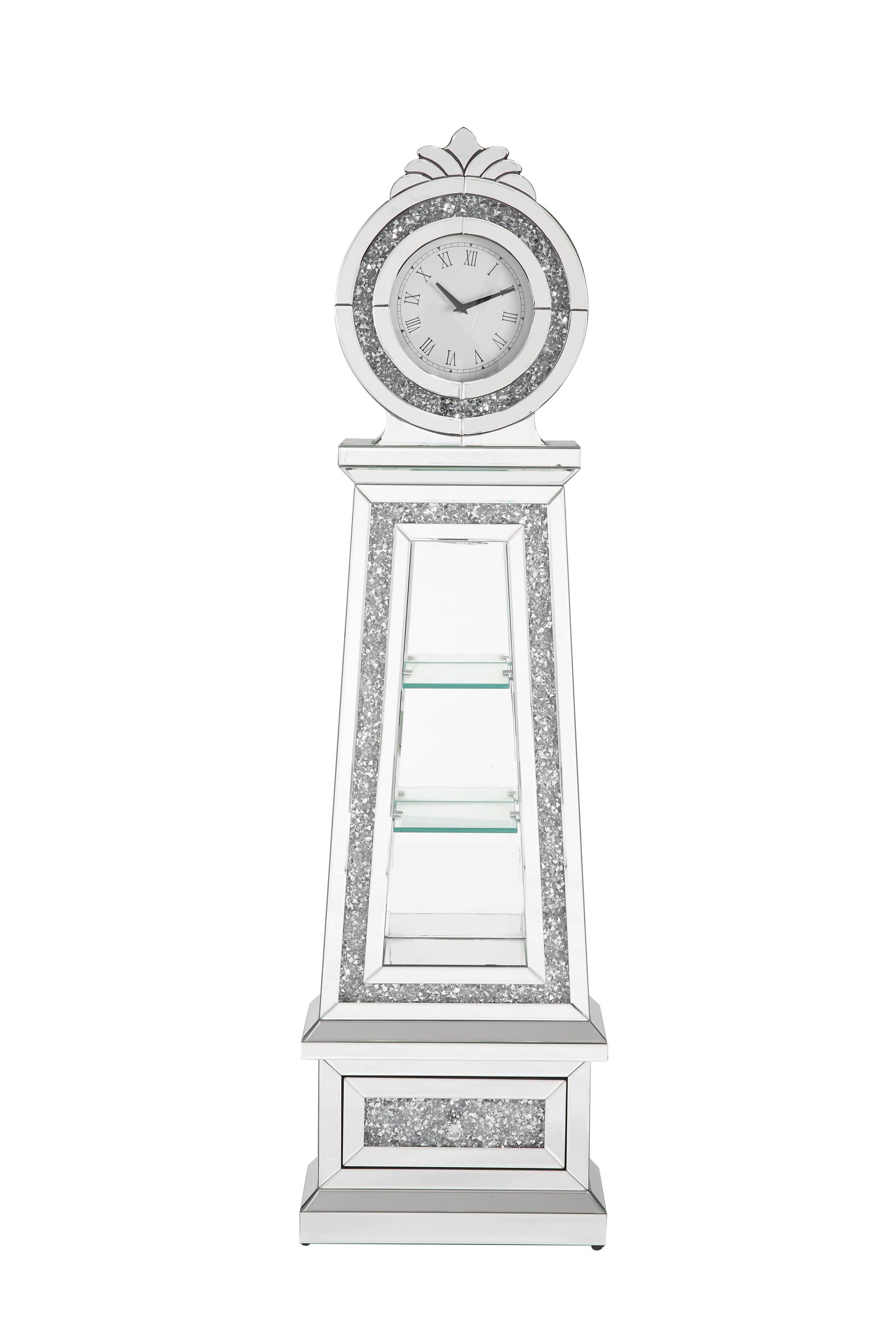 Noralie Grandfather Clock W Led Mirrored & Faux Diamonds Ac00349 Silver Glass