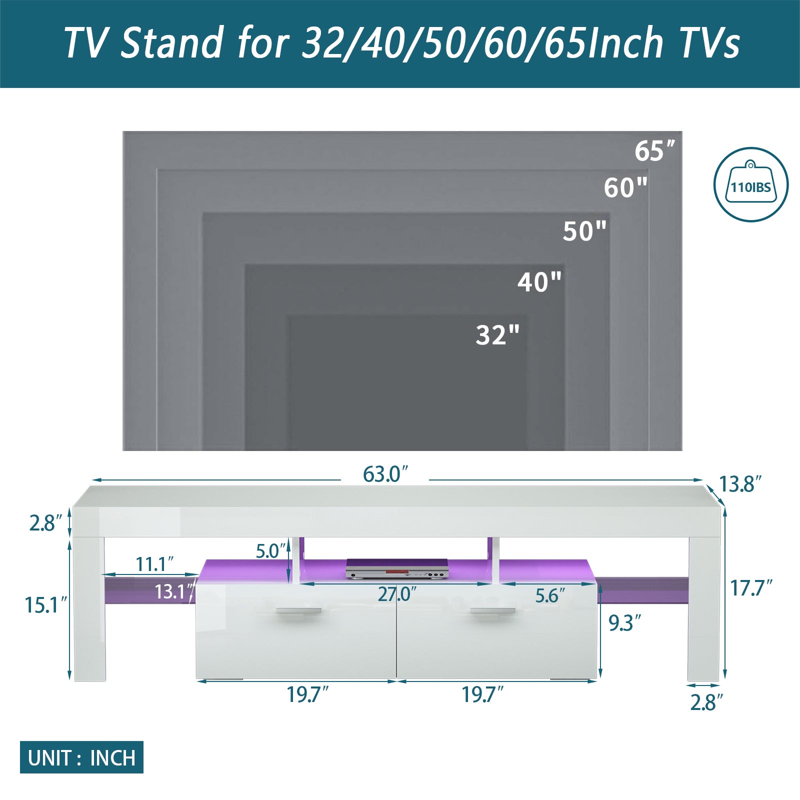 Fashiontvstandtvcabinet,Entertainmentcenter,Tvstationtv Console,Media Console,With Ledlight Belt,Light Belt Remote Control,Toughenedglassshelf,Metal Handle,Canbeplaced In The Living Room,Bedroom,White White Primary Living Space 60 69 Inches 60 69 Inches