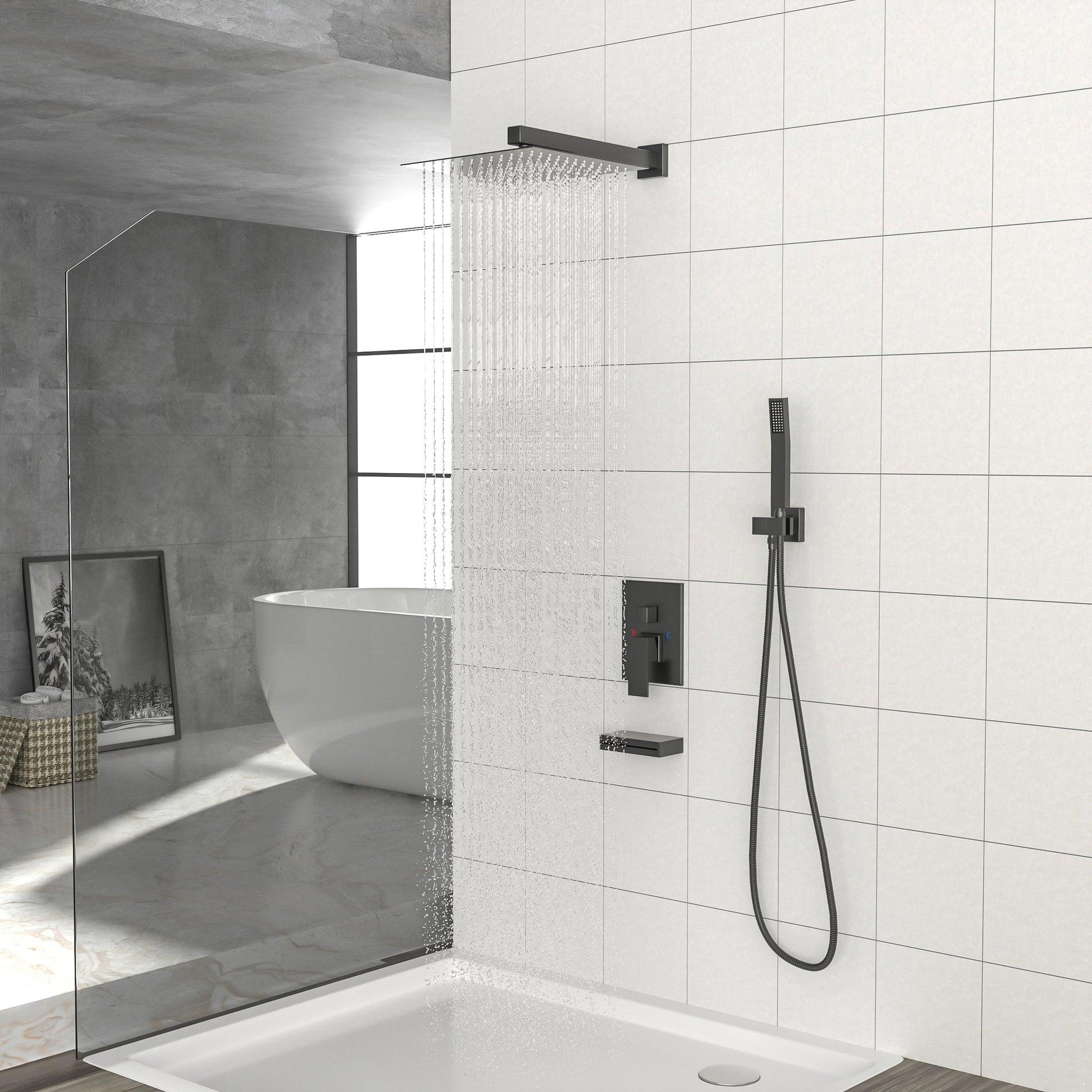 Shower System With Waterfall Tub Spout,12 Inch Wall Mounted Square Shower System With Rough In Valve,Matte Black Matte Black Stainless Steel