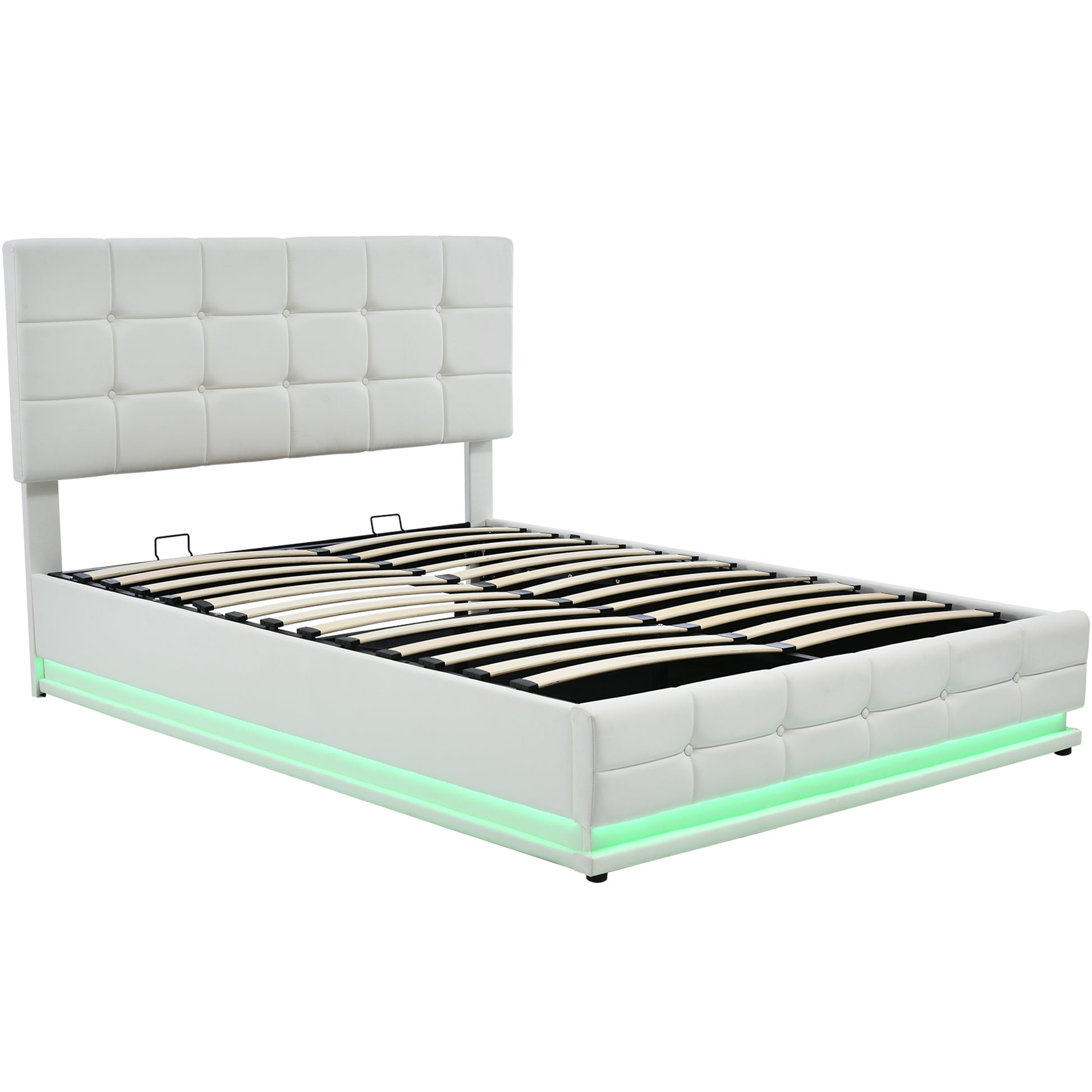 3 Pieces Bedroom Sets,Queen Size Upholstered Bed With Led Lights,Hydraulic Storage System And Usb Charging Station, Two Nightstands With Crystal Decoration,White White Upholstered