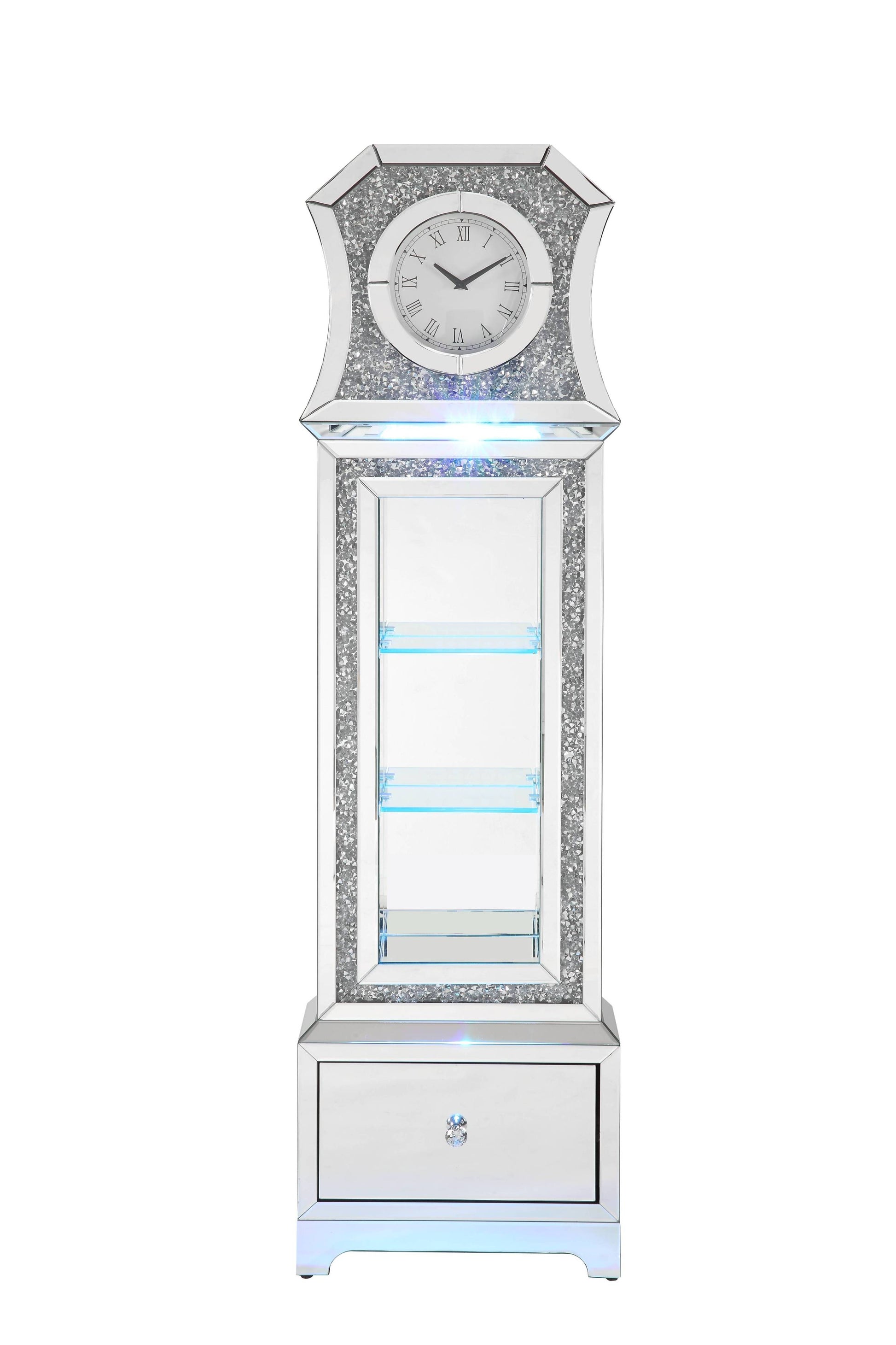 Noralie Grandfather Clock W Led Mirrored & Faux Diamonds Ac00350 Silver Glass