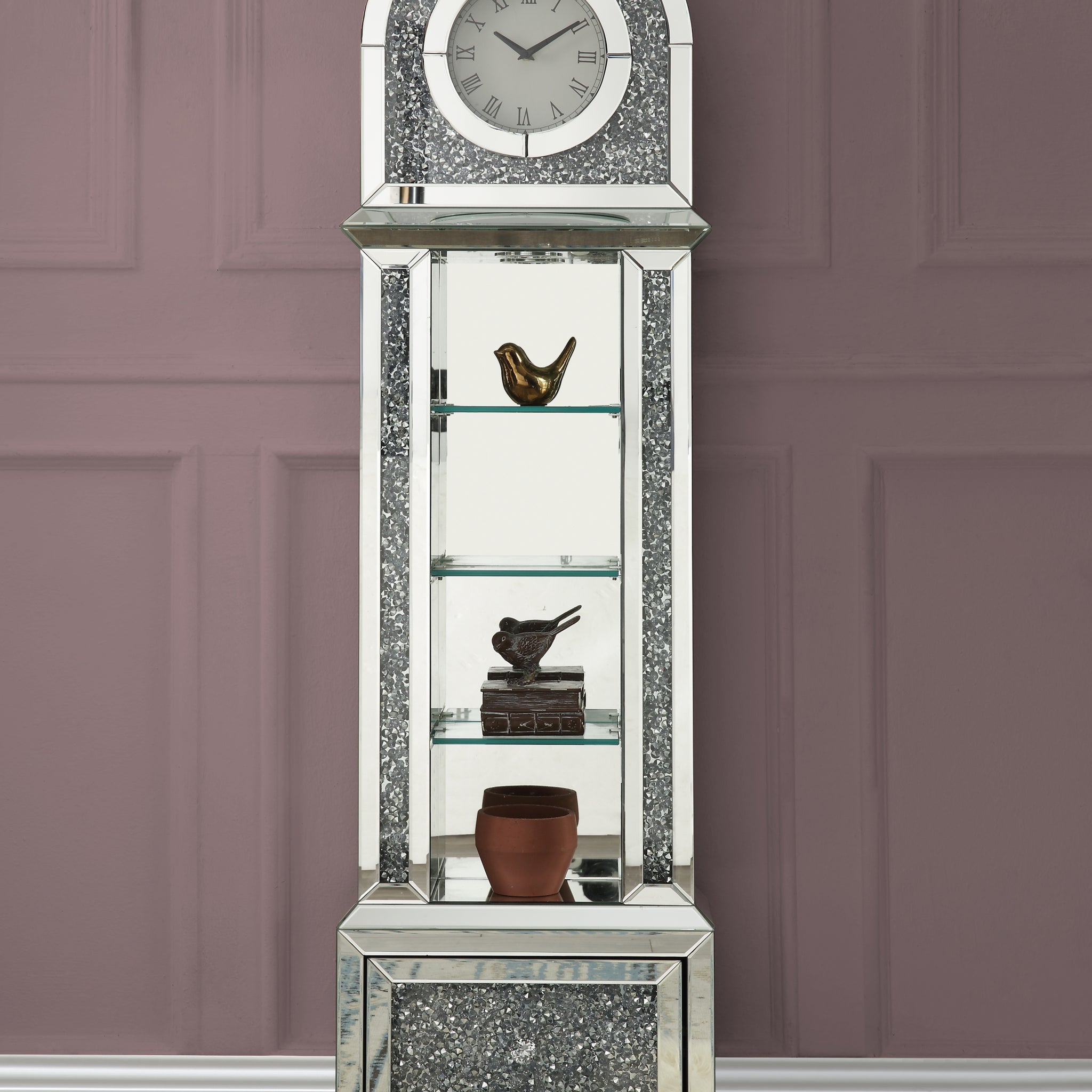 Noralie Grandfather Clock W Led Mirrored & Faux Diamonds Ac00353 Silver Glass