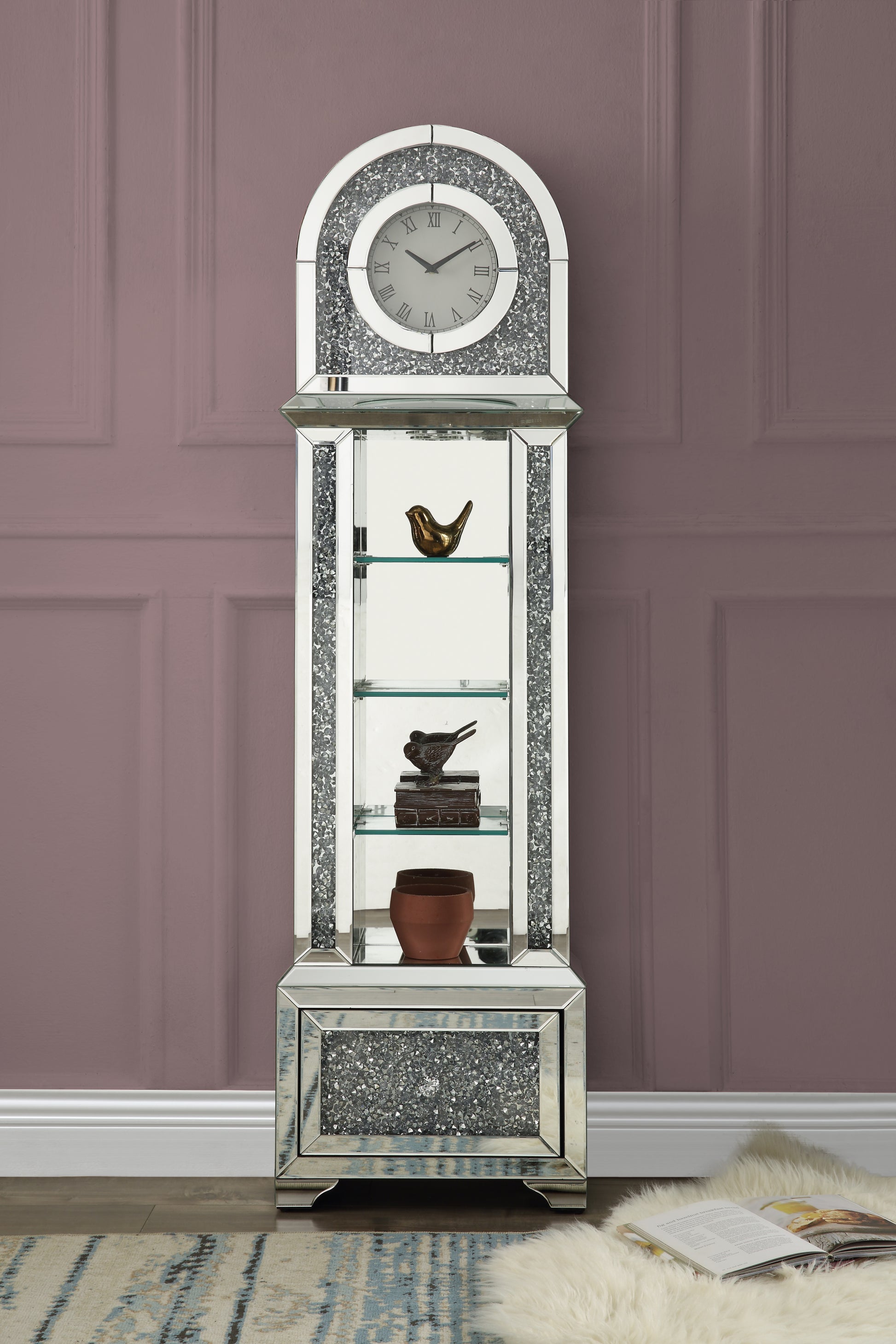 Noralie Grandfather Clock W Led Mirrored & Faux Diamonds Ac00353 Silver Glass