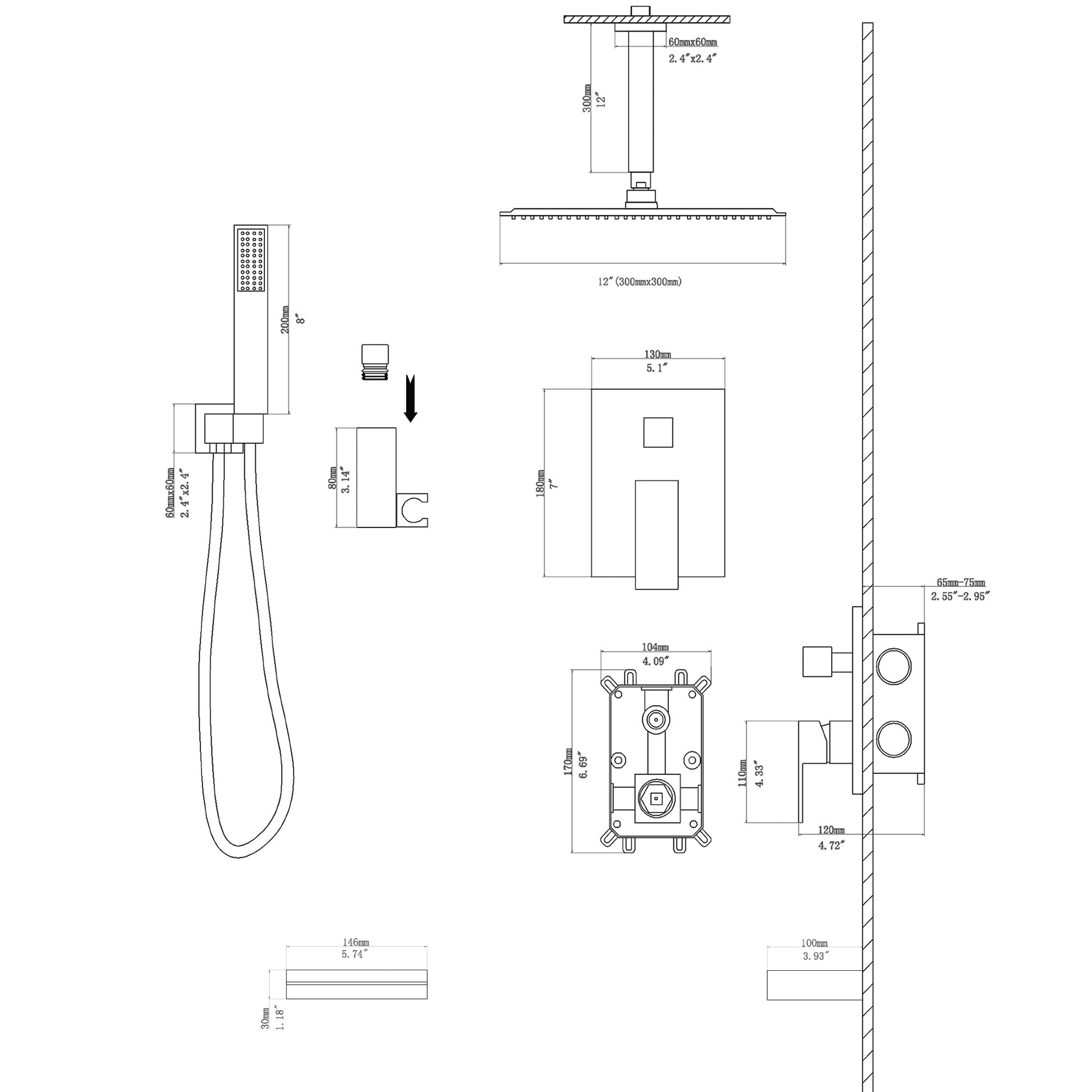 Shower System With Waterfall Tub Spout,12 Inch Ceiling Mount Square Shower System With Rough In Valve,Matte Black Matte Black Stainless Steel