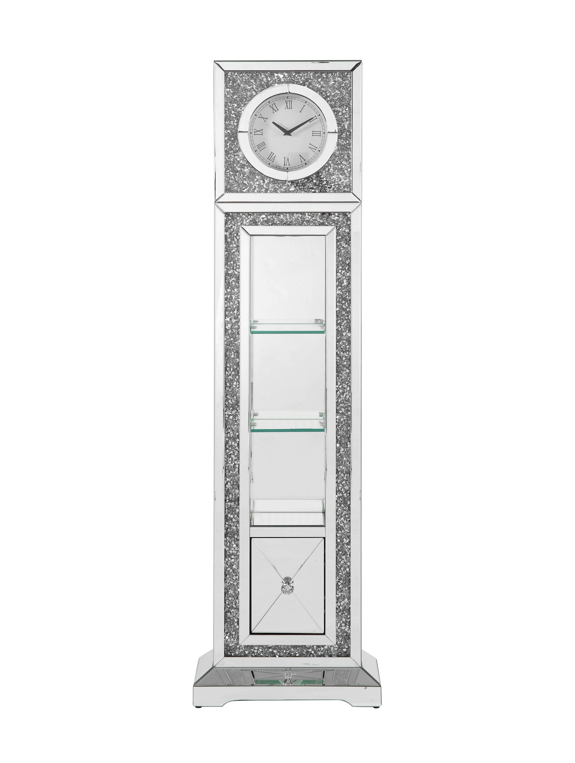 Noralie Grandfather Clock W Led Mirrored & Faux Diamonds Ac00354 Silver Glass