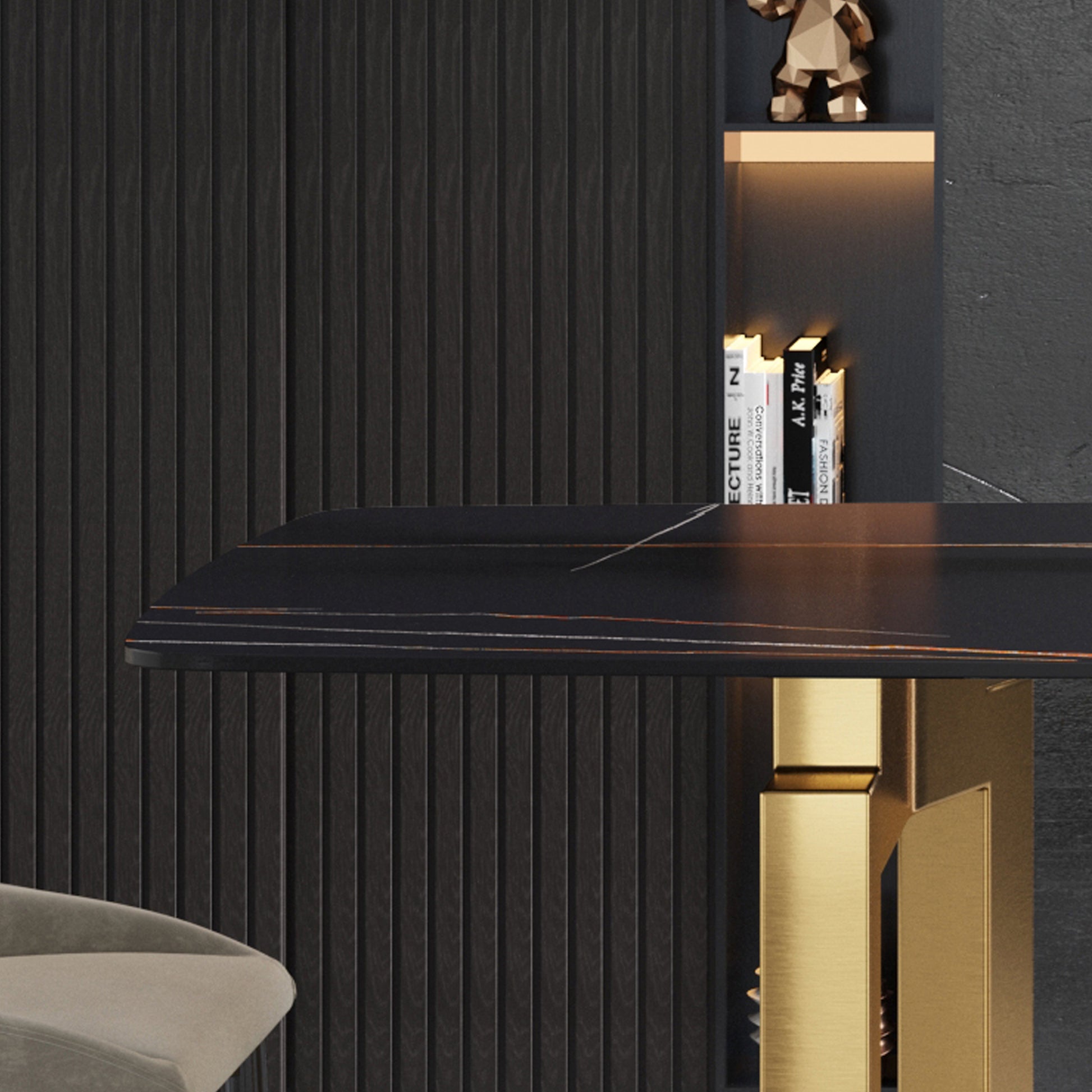 70.87"Modern Artificial Stone Black Curved Golden Metal Leg Dining Table Can Accommodate 6 8 People Black Metal Sintered Stone
