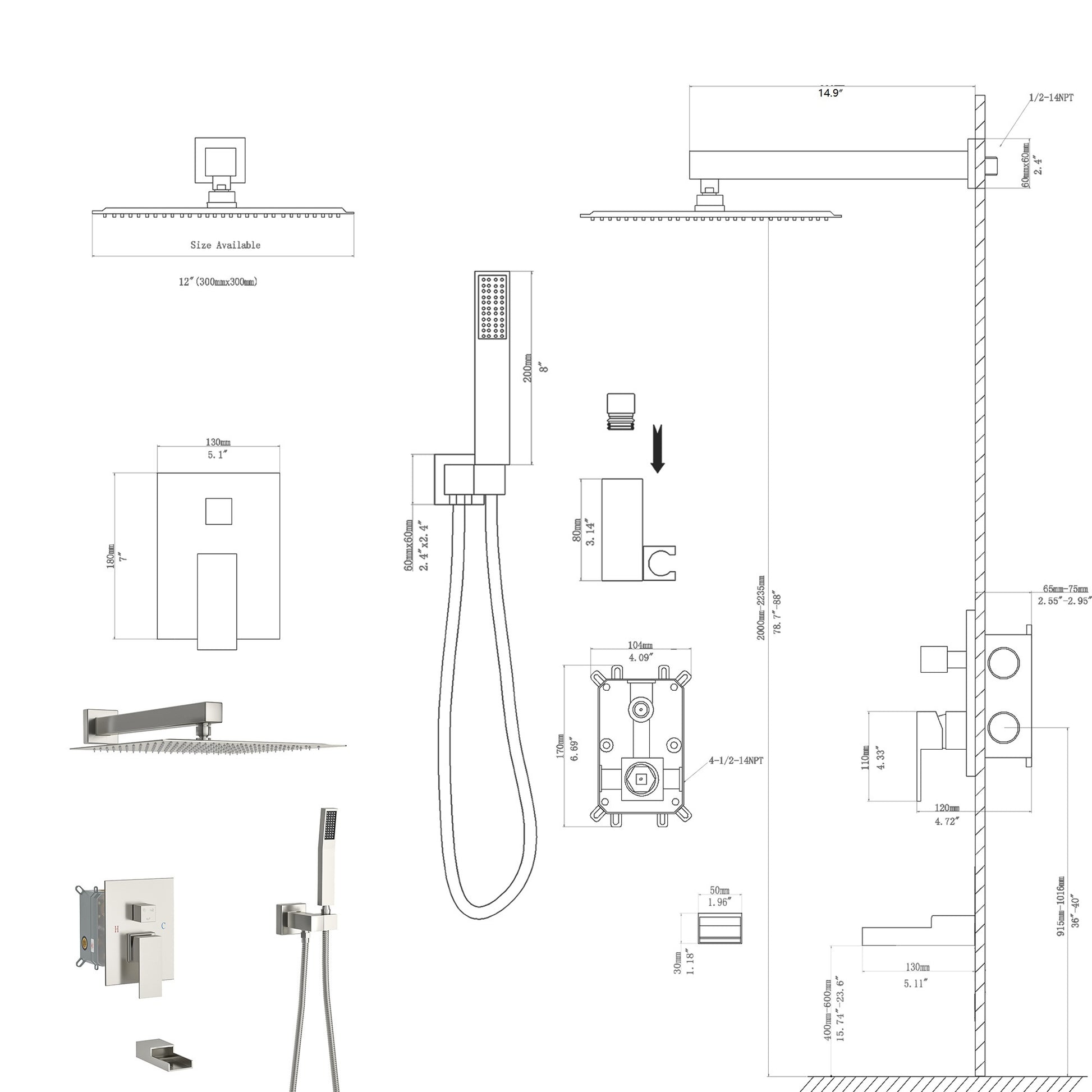 Shower System With Waterfall Tub Spout,12 Inch Wall Mounted Square Shower System With Rough In Valve, Brushed Nickel Brushed Nickel Stainless Steel