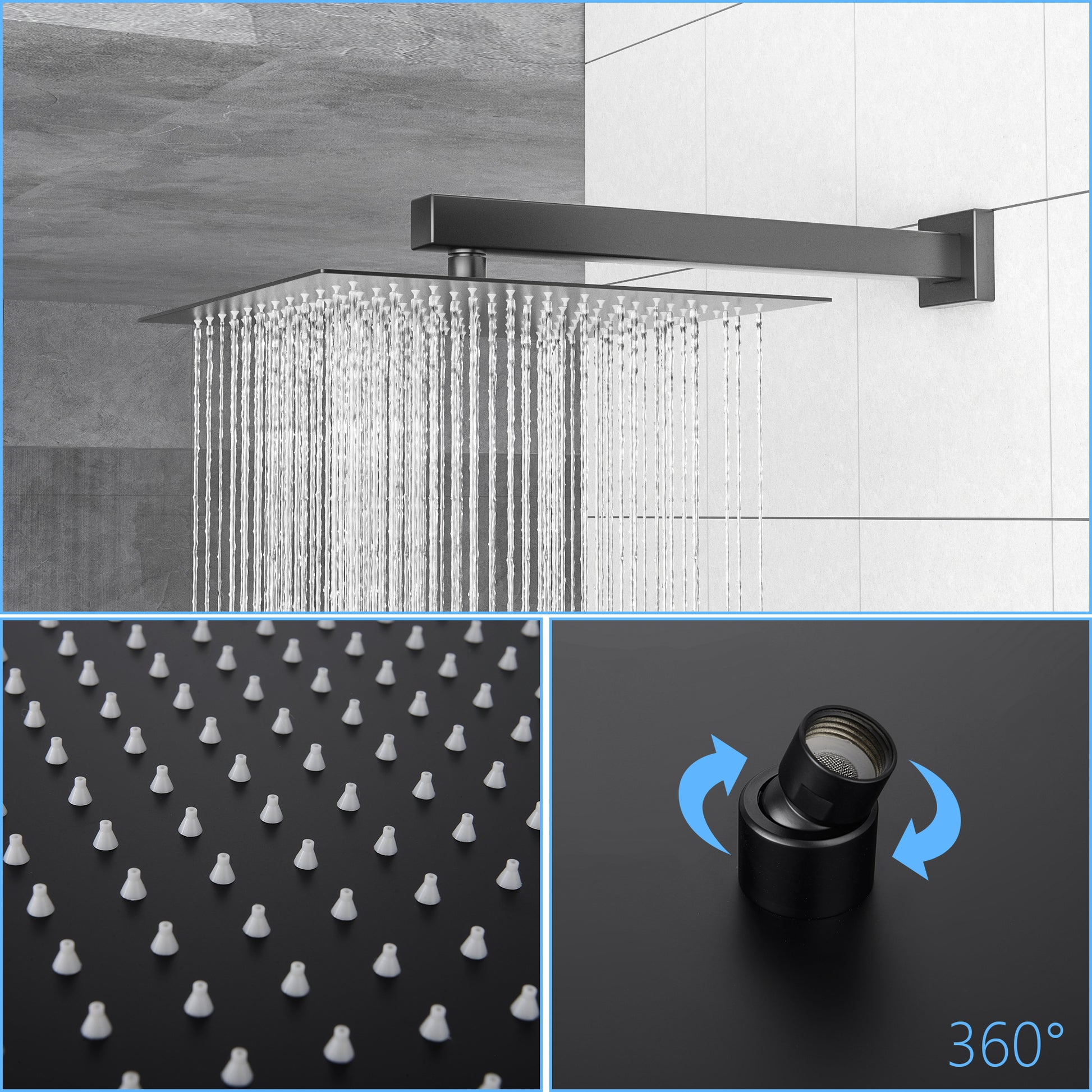 Shower System With Waterfall Tub Spout,12 Inch Wall Mounted Square Shower System With Rough In Valve,Matte Black Matte Black Stainless Steel