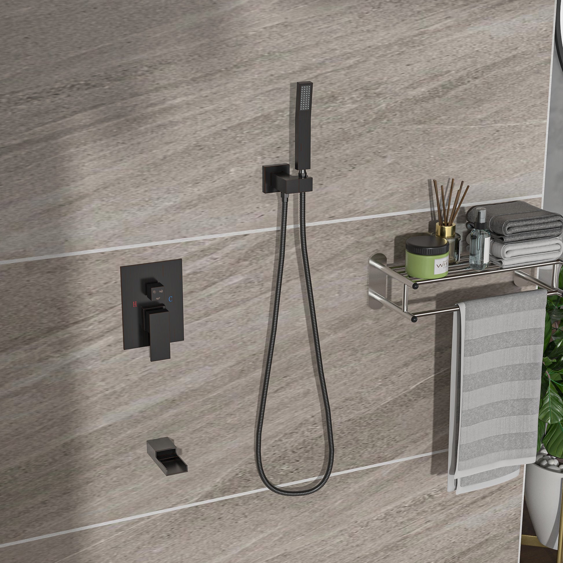 Shower System With Waterfall Tub Spout,12 Inch Wall Mounted Square Shower System With Rough In Valve, Oil Rubber Bronze Oil Rubbed Bronze Stainless Steel