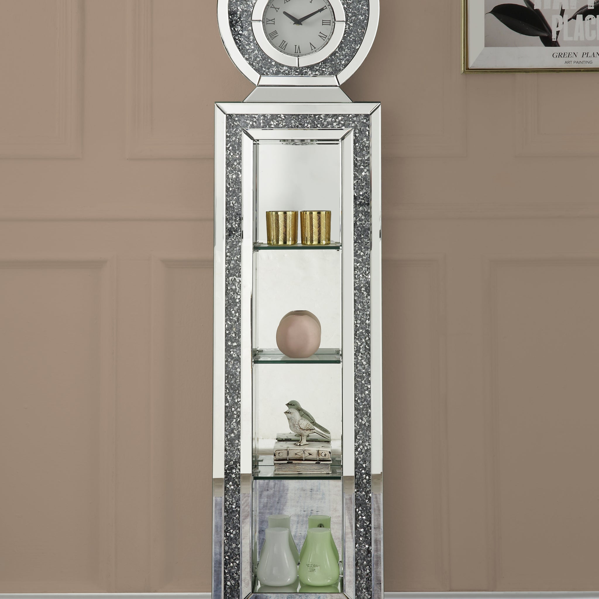 Noralie Grandfather Clock W Led Mirrored & Faux Diamonds Ac00351 Silver Glass