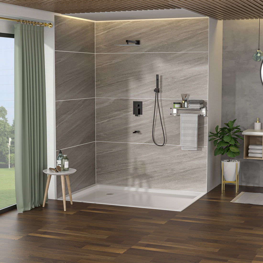 Shower System With Waterfall Tub Spout,12 Inch Wall Mounted Square Shower System With Rough In Valve, Oil Rubber Bronze Oil Rubbed Bronze Stainless Steel