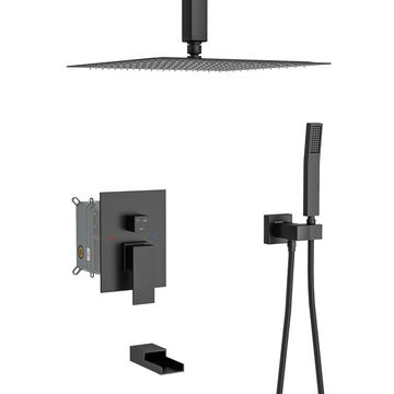 Shower System With Waterfall Tub Spout,16 Inch Ceiling Mount Square Shower System With Rough In Valve,Matte Black Matte Black Stainless Steel