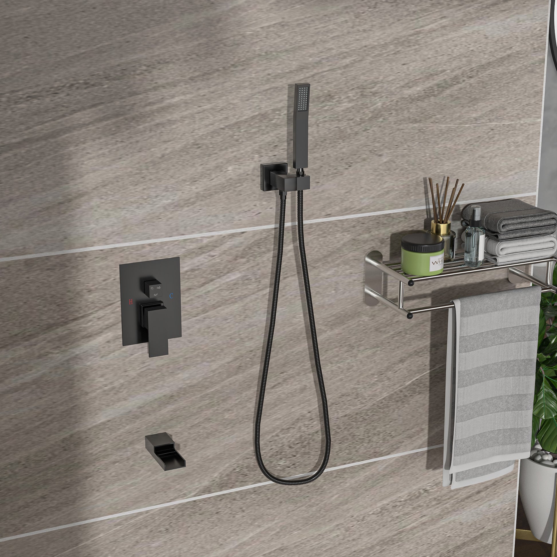 Shower System With Waterfall Tub Spout,12 Inch Ceiling Mount Square Shower System With Rough In Valve,Matte Black Matte Black Stainless Steel