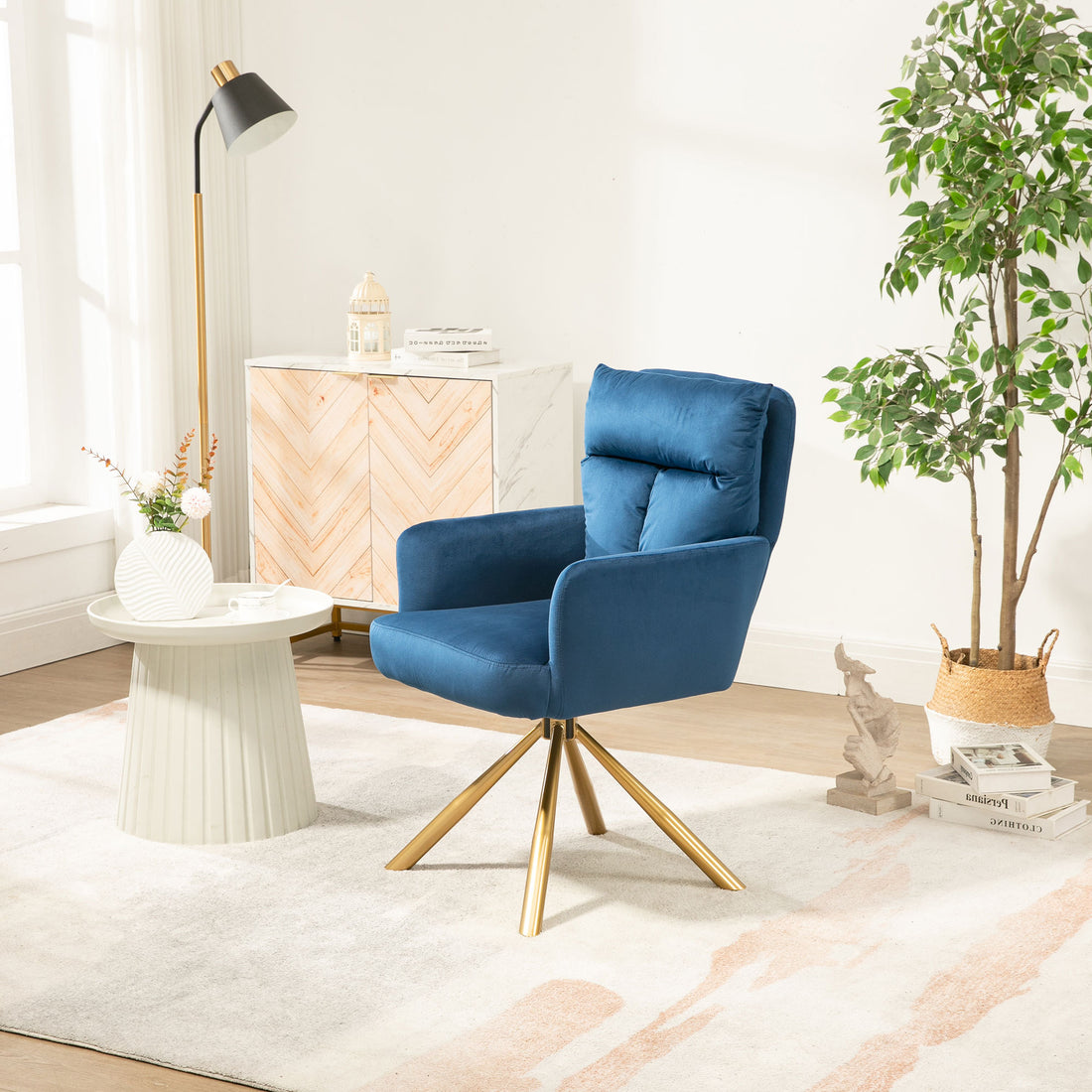 Dark Blue Velvet Contemporary High Back Upholstered Swivel Accent Chair Dark Blue Office Modern Foam Velvet