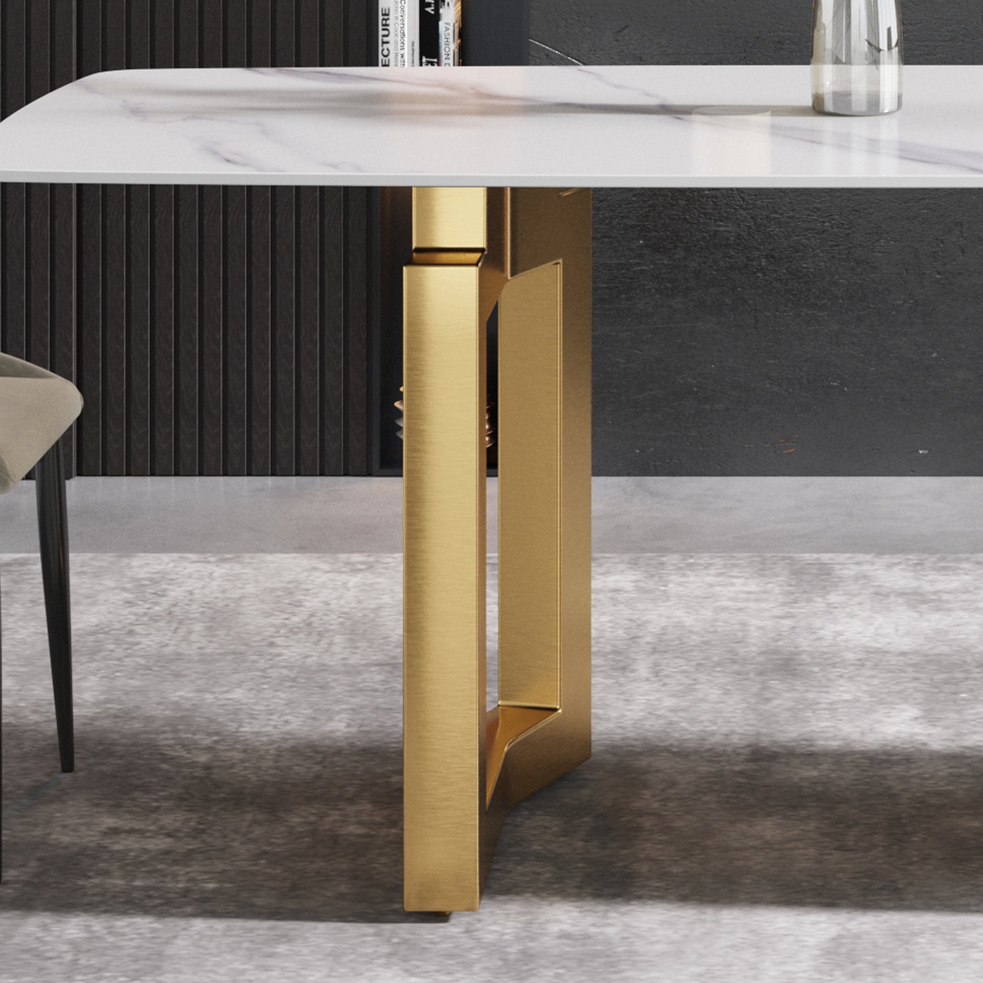 70.87"Modern Artificial Stone White Curved Golden Metal Leg Dining Table Can Accommodate 6 8 People White Metal Sintered Stone