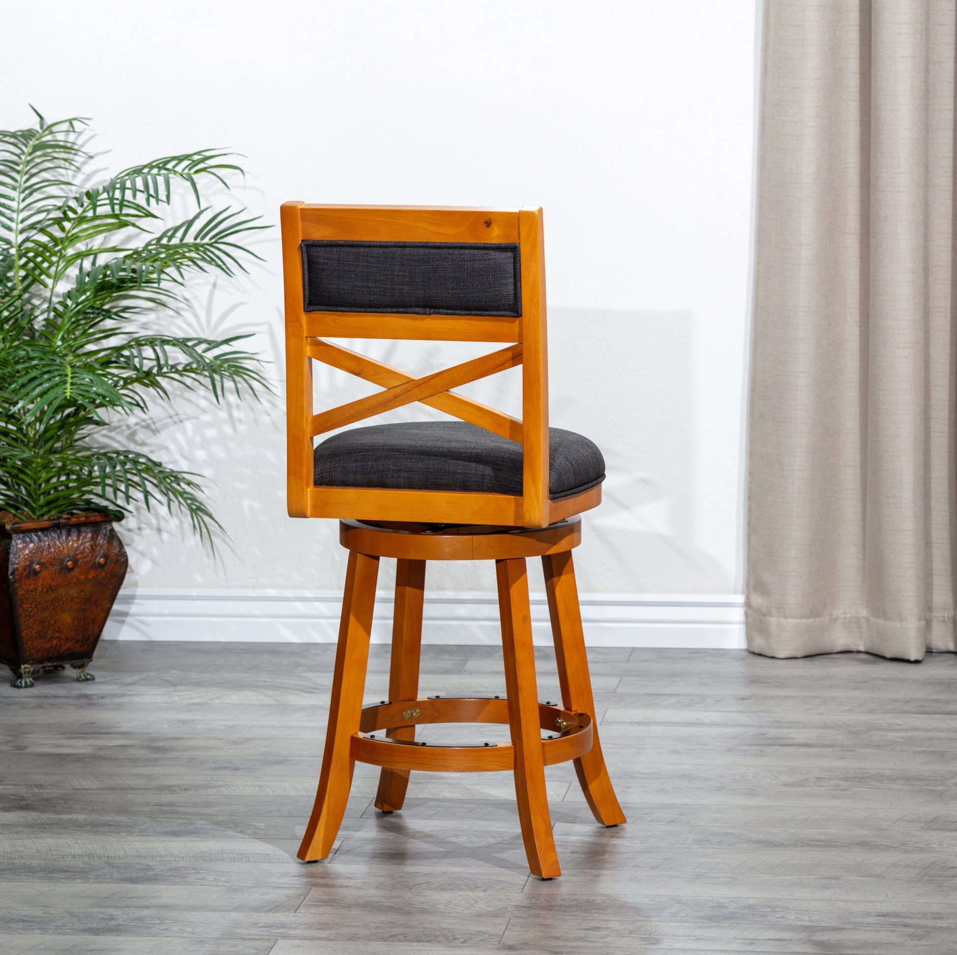 30" Bar Height X Back Swivel Stool, Natural Finish, Charcoal Fabric Seat Natural Fabric