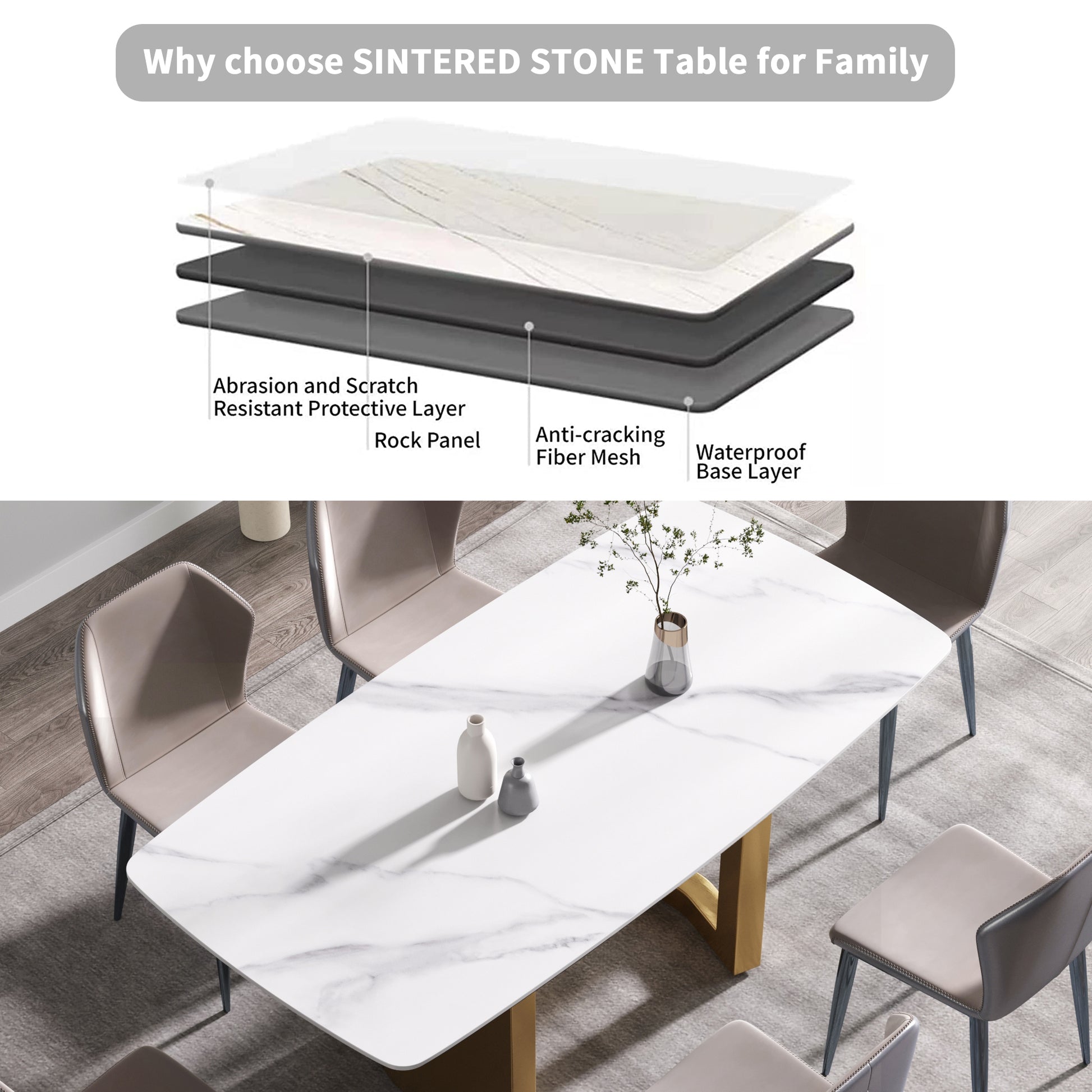 70.87"Modern Artificial Stone White Curved Golden Metal Leg Dining Table Can Accommodate 6 8 People White Metal Sintered Stone