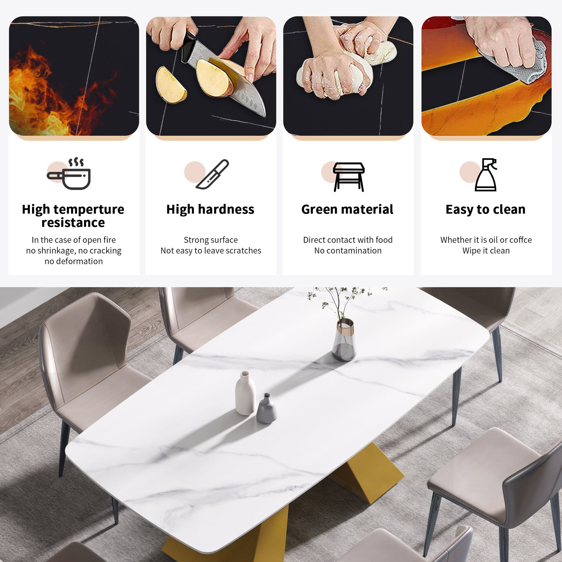 70.87"Modern Artificial Stone White Curved Golden Metal Leg Dining Table Can Accommodate 6 8 People White Metal Sintered Stone