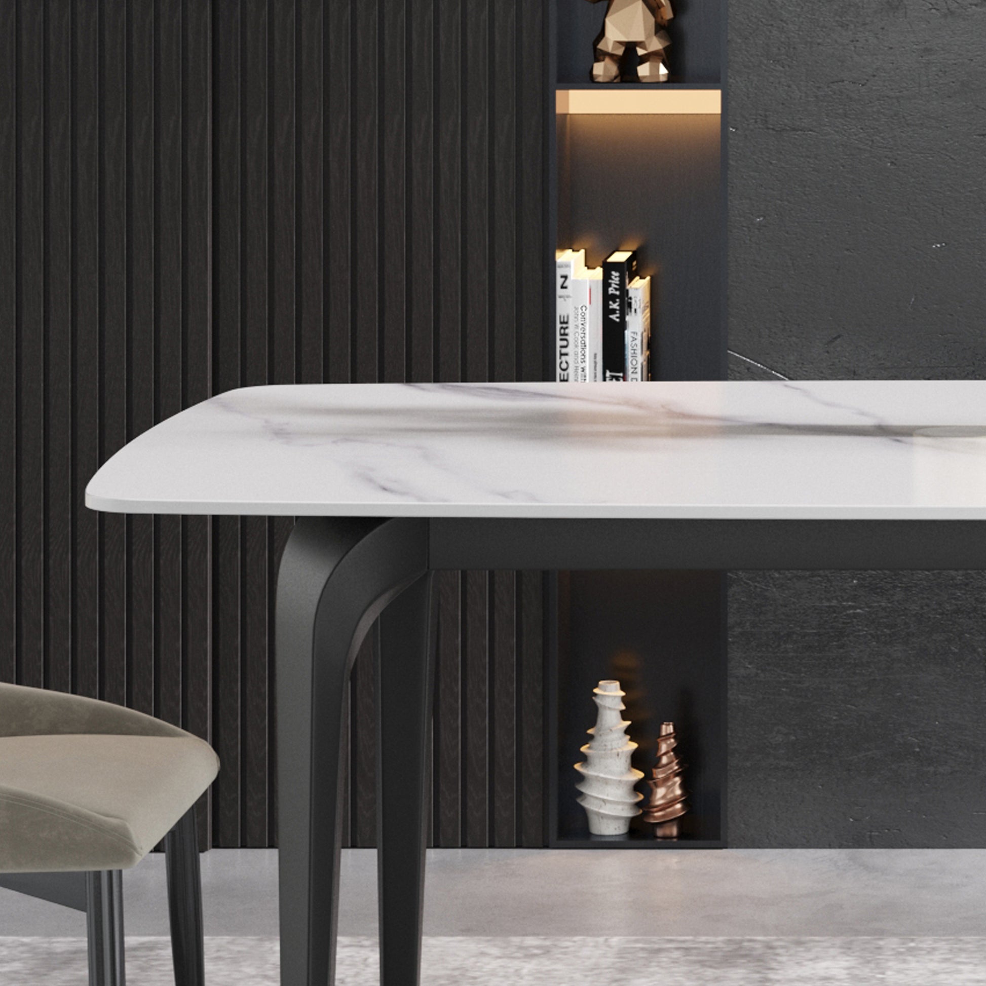 70.87"Modern Artificial Stone White Curved Black Metal Leg Dining Table Can Accommodate 6 8 People White Metal Sintered Stone