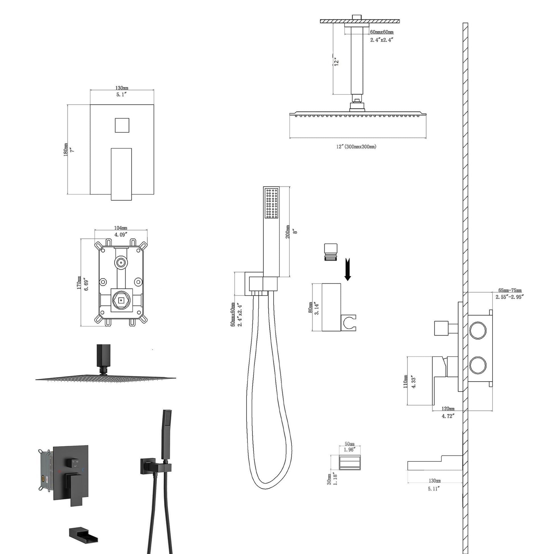 Shower System With Waterfall Tub Spout,12 Inch Ceiling Mount Square Shower System With Rough In Valve,Matte Black Matte Black Stainless Steel