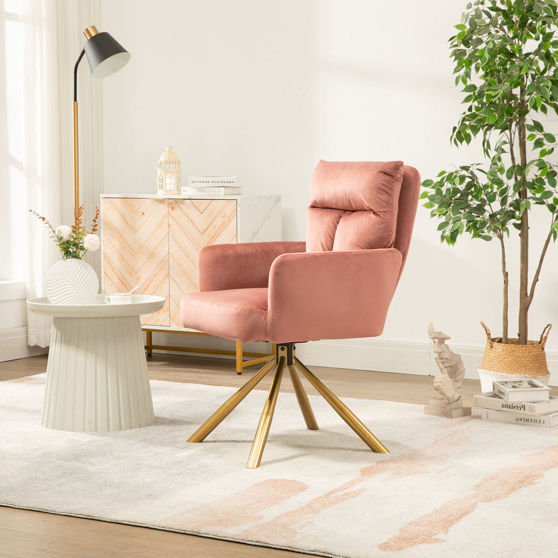 Pink Velvet Contemporary High Back Upholstered Swivel Accent Chair Pink Office Modern Foam Velvet