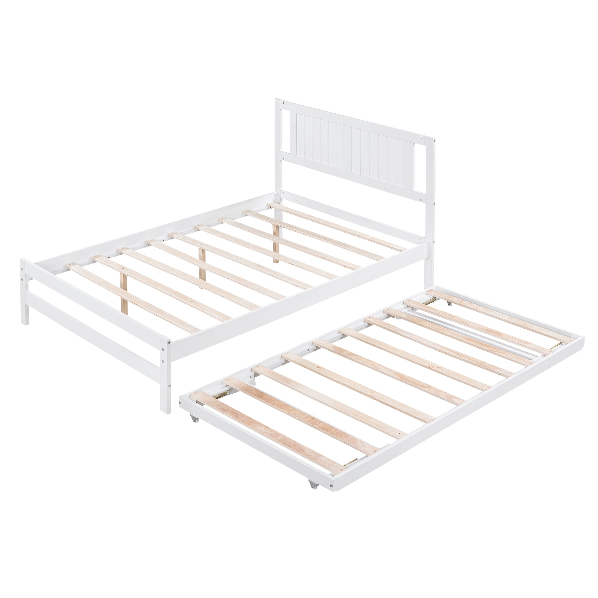 Full Size Platform Bed With Adjustable Trundle,White Old Sku:Sm000248Aak White Pine