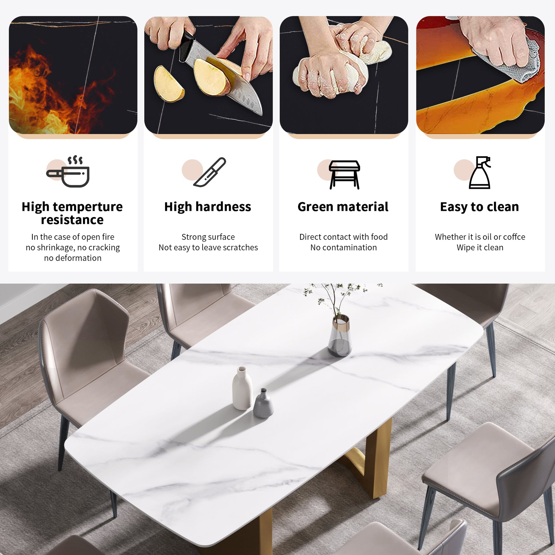 70.87"Modern Artificial Stone White Curved Golden Metal Leg Dining Table Can Accommodate 6 8 People White Metal Sintered Stone