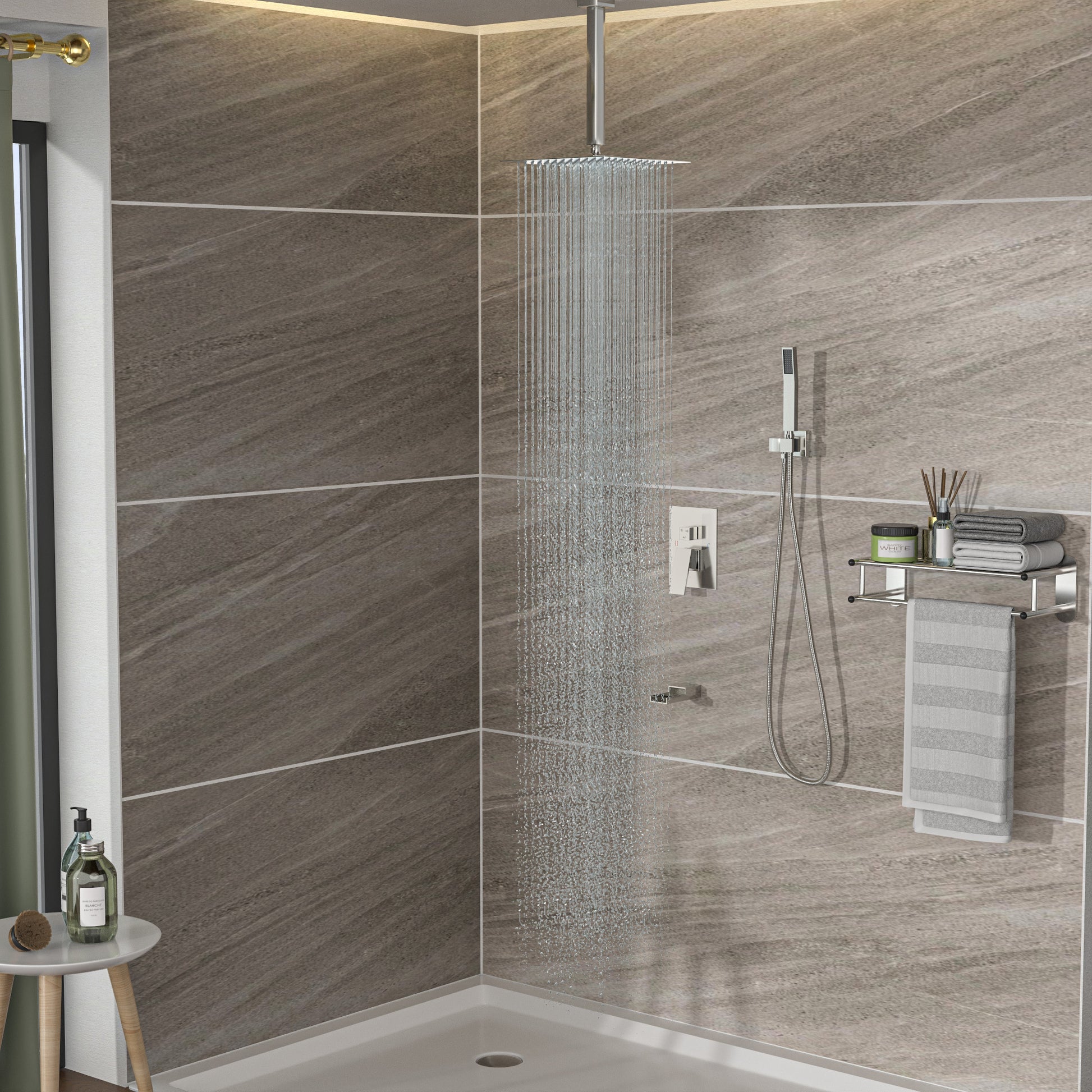 Shower System With Waterfall Tub Spout,16 Inch Ceiling Mount Square Shower System With Rough In Valve, Brushed Nickel Brushed Nickel Stainless Steel