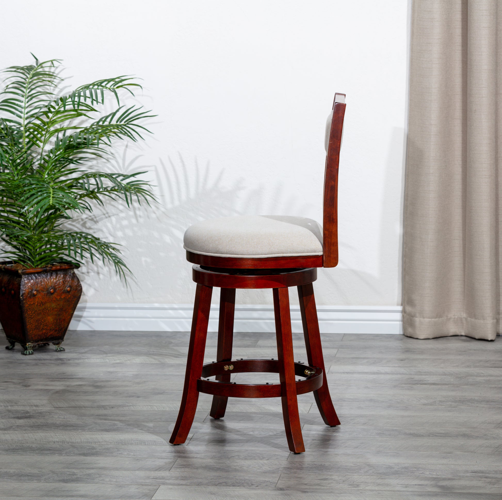 30" Bar Height X Back Swivel Stool, Cherry Finish, Beige Fabric Seat Cherry Fabric
