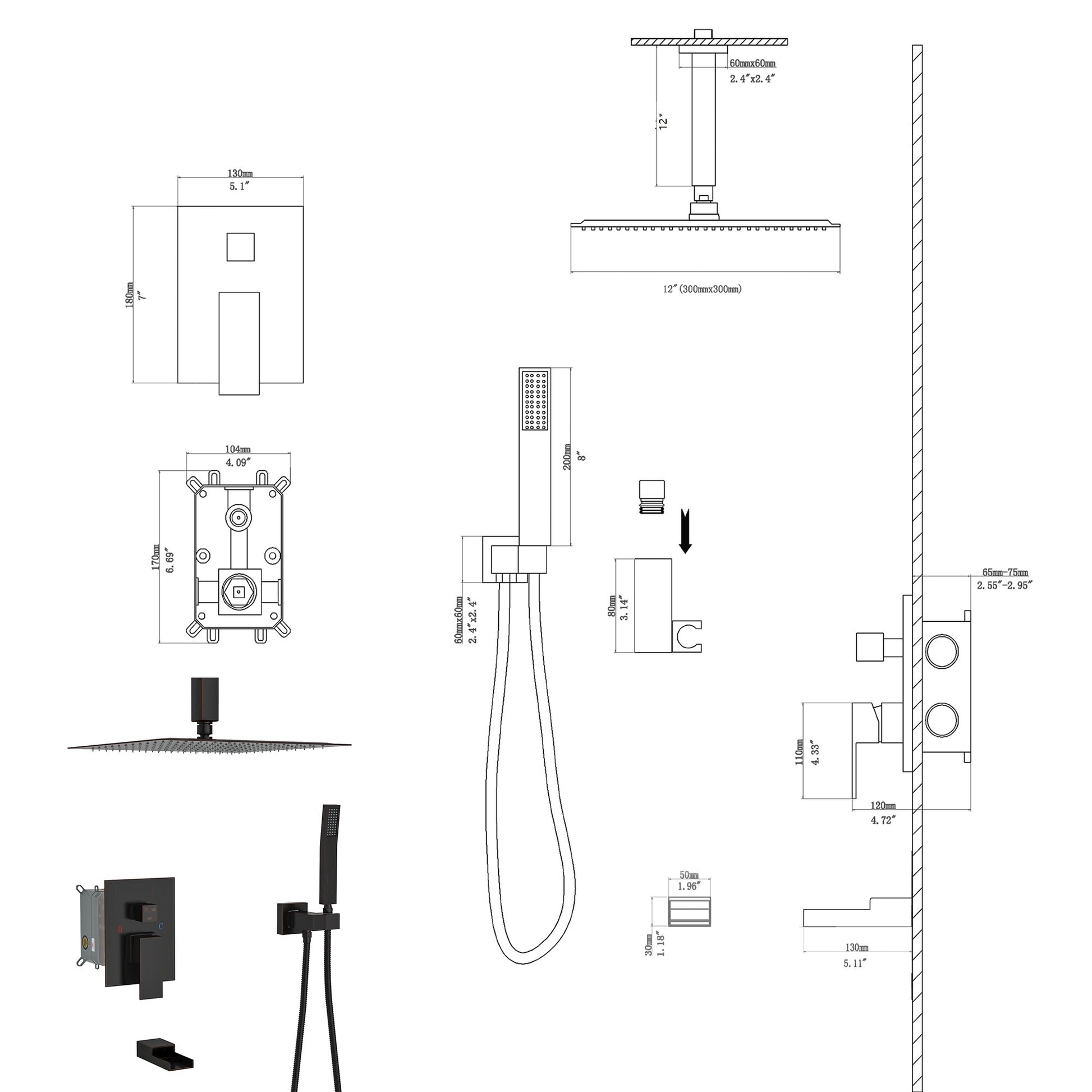 Shower System With Waterfall Tub Spout,12 Inch Ceiling Mount Square Shower System With Rough In Valve, Oil Rubber Bronze Oil Rubbed Bronze Stainless Steel