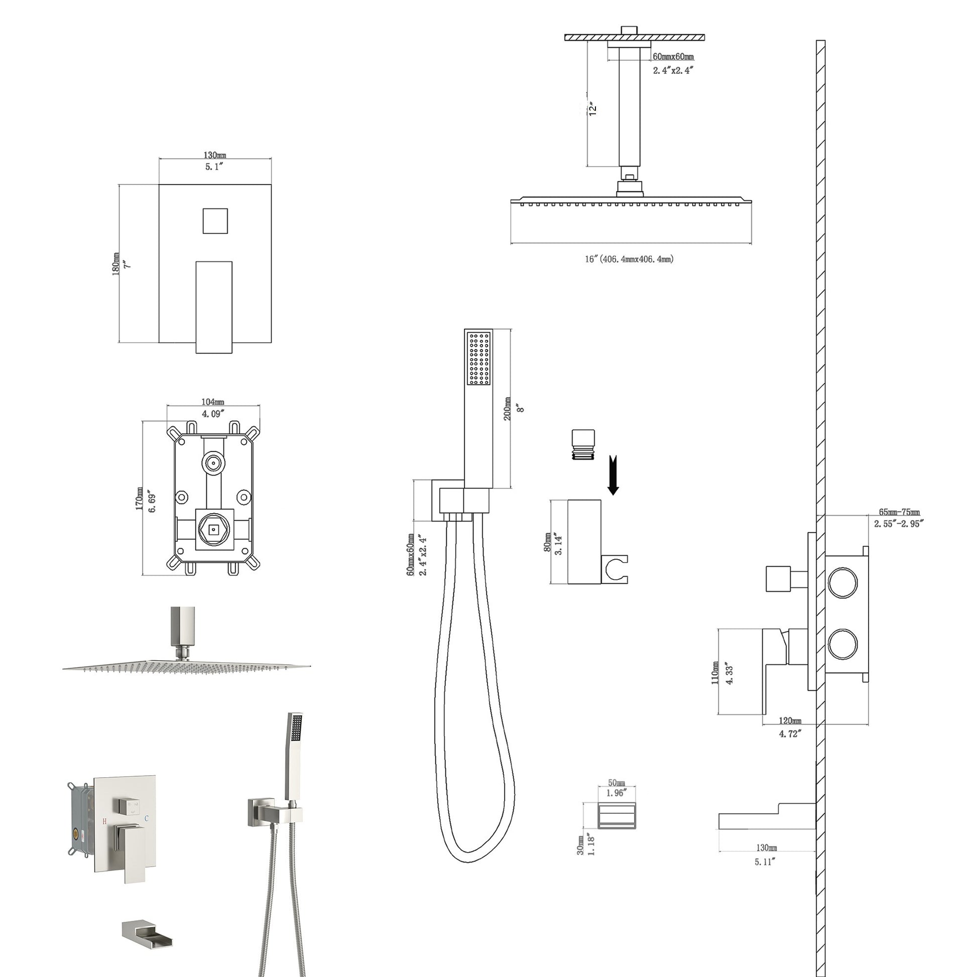 Shower System With Waterfall Tub Spout,16 Inch Ceiling Mount Square Shower System With Rough In Valve, Brushed Nickel Brushed Nickel Stainless Steel