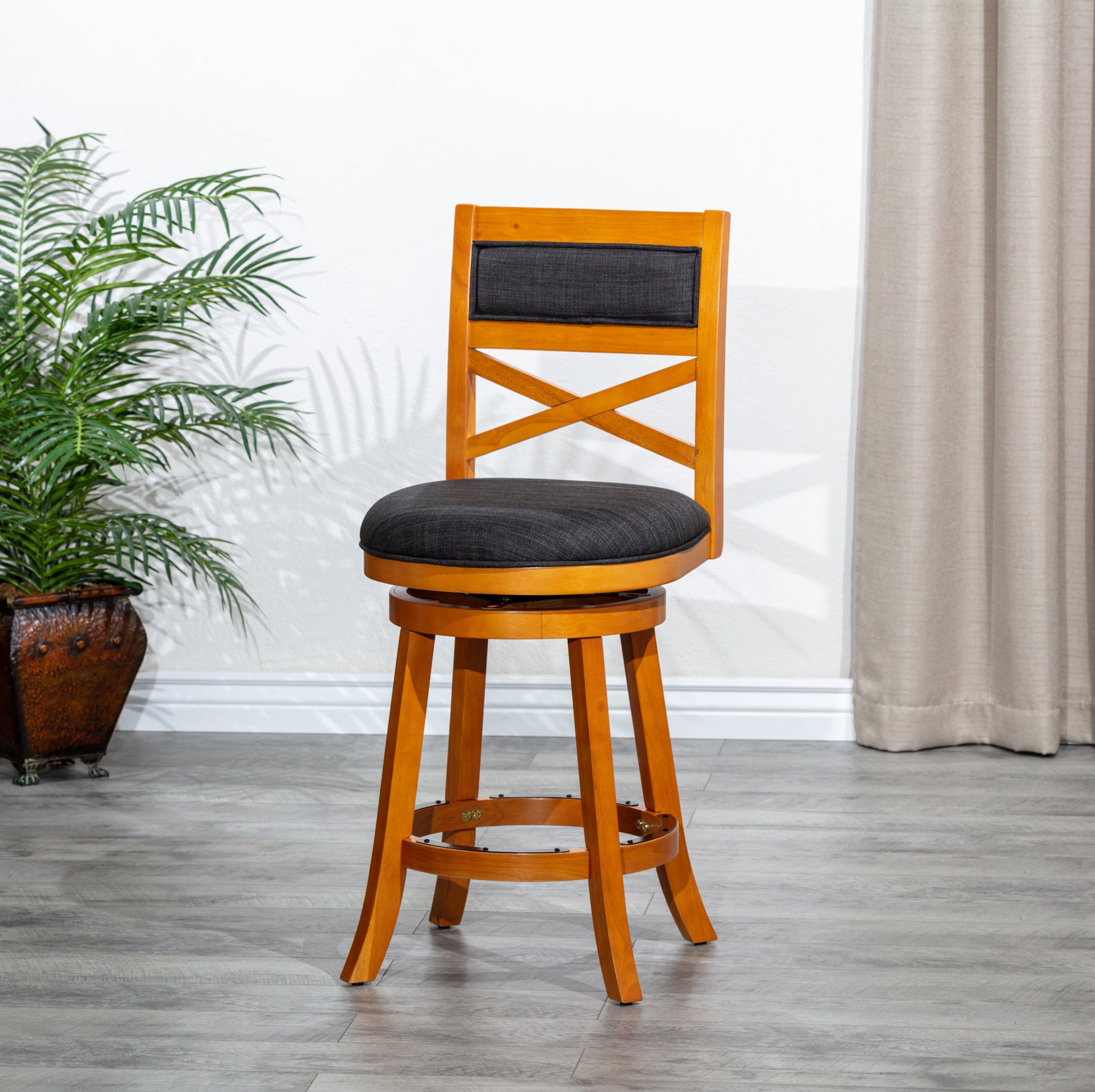 24" Counter Height X Back Swivel Stool, Natural Finish, Charcoal Fabric Seat Natural Fabric