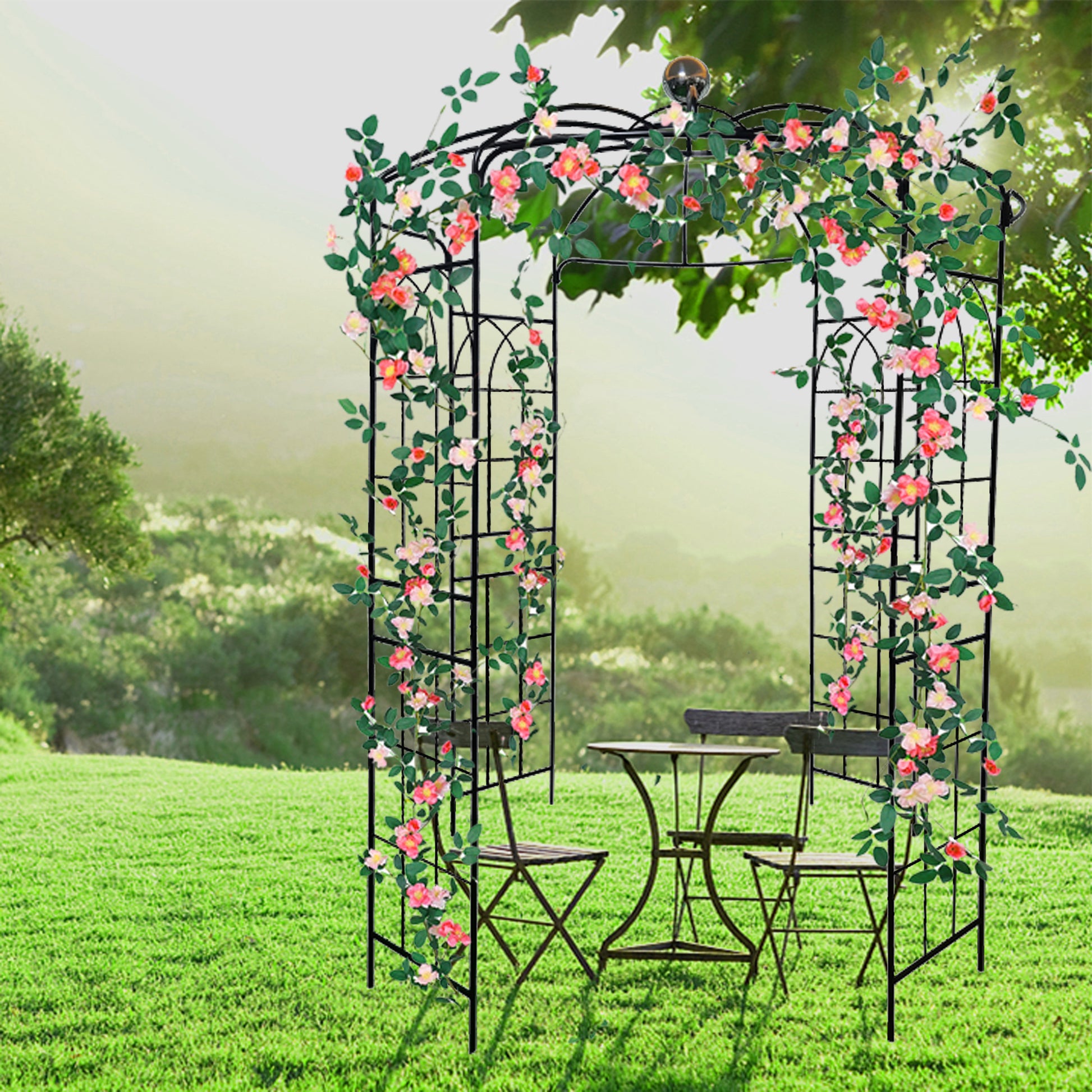 Metal Garden Arch Iron Garden Arbors Gazebo Dia81.3'' X 114.2'' High Birdcage Shape Pergola Pavilion For Wedding Ceremonyoutdoor Black Black Iron