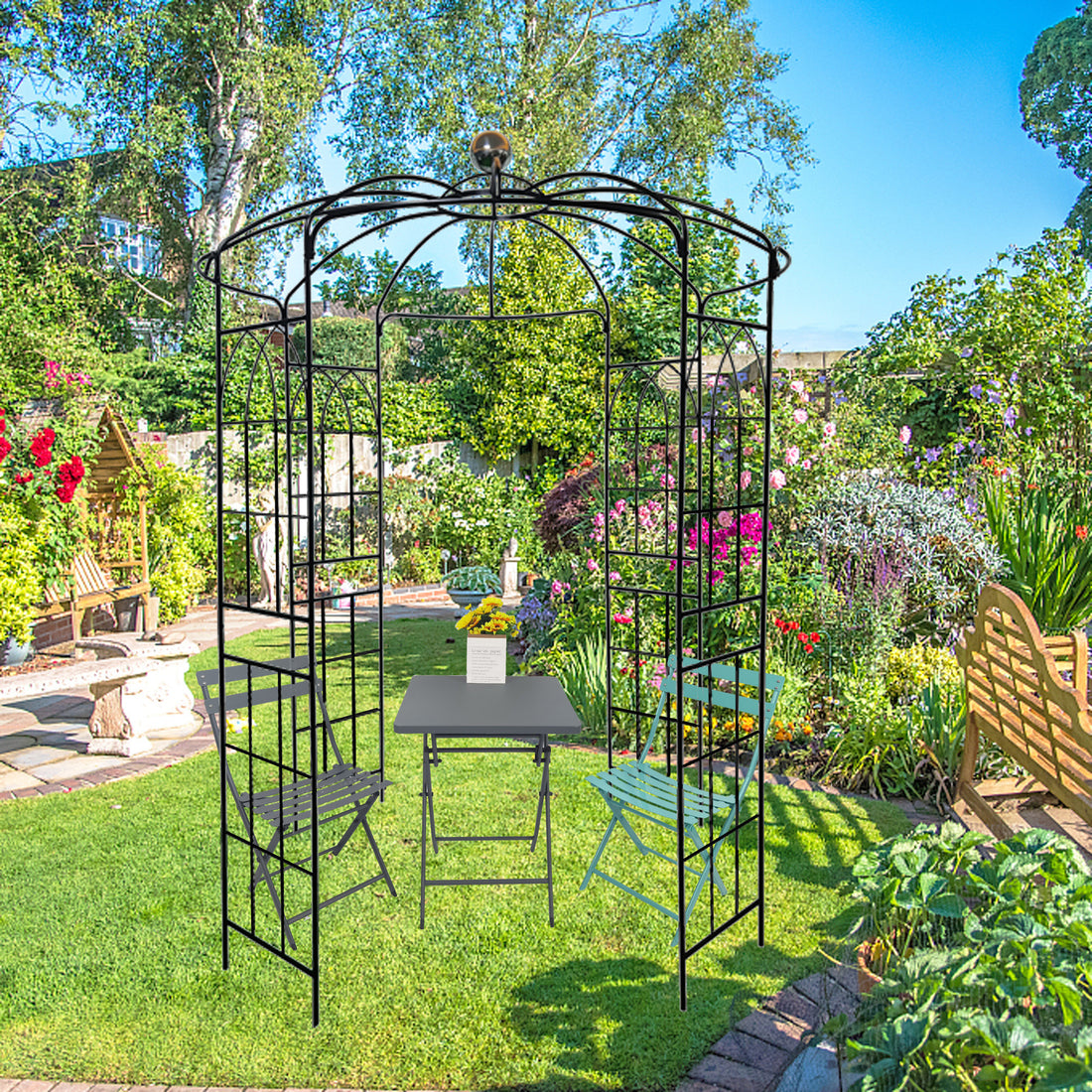 Metal Garden Arch Iron Garden Arbors Gazebo Dia81.3'' X 114.2'' High Birdcage Shape Pergola Pavilion For Wedding Ceremonyoutdoor Black Black Iron