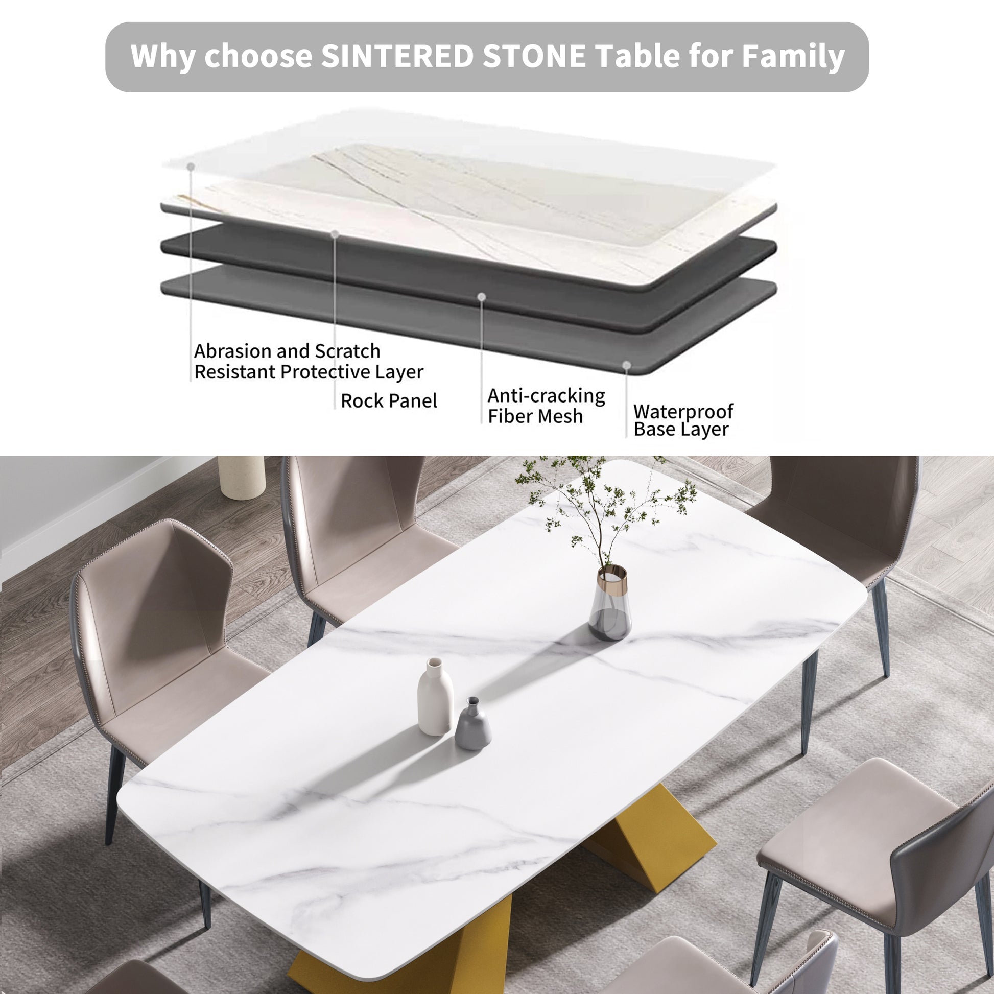 70.87"Modern Artificial Stone White Curved Golden Metal Leg Dining Table Can Accommodate 6 8 People White Metal Sintered Stone