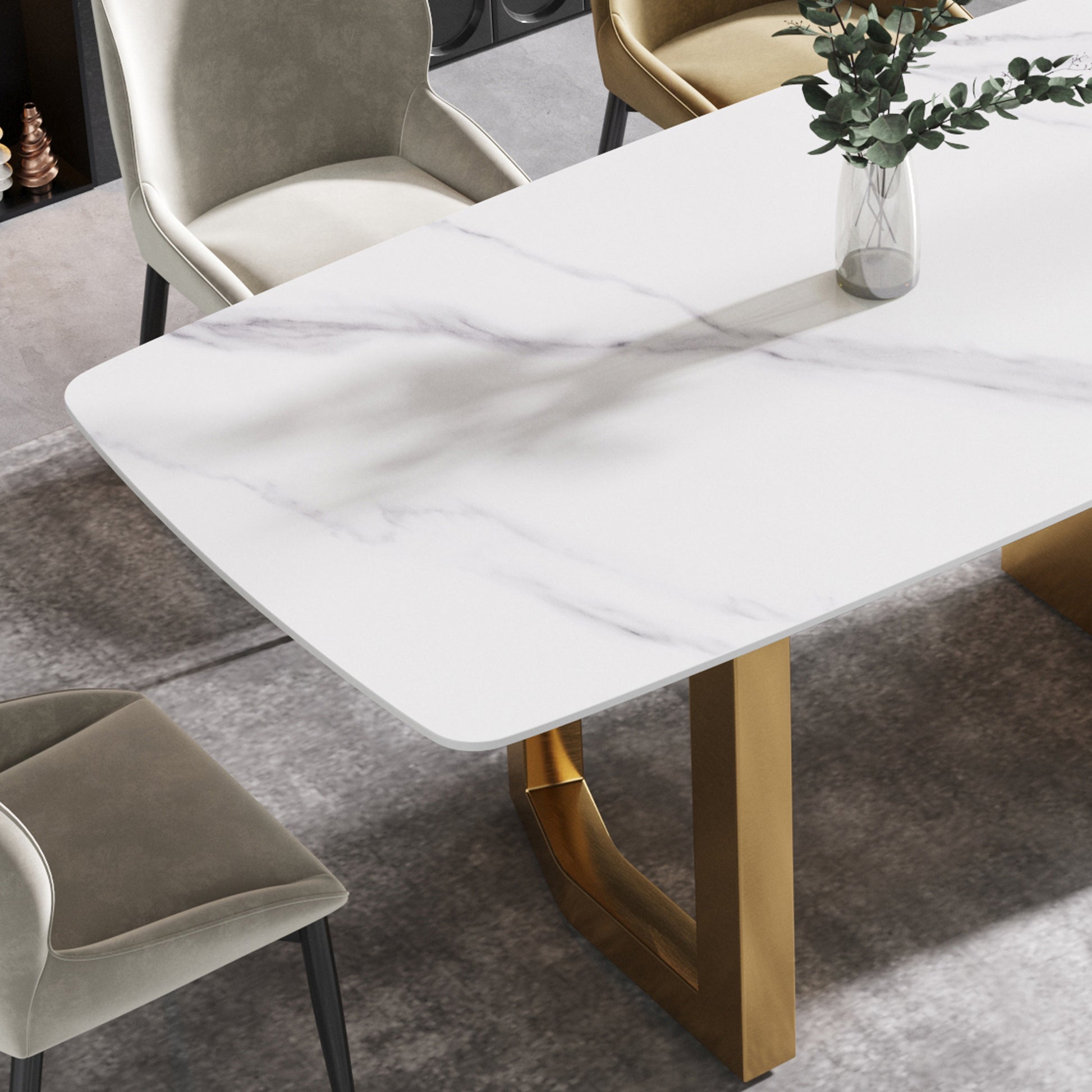 70.87"Modern Artificial Stone White Curved Golden Metal Leg Dining Table Can Accommodate 6 8 People White Metal Sintered Stone