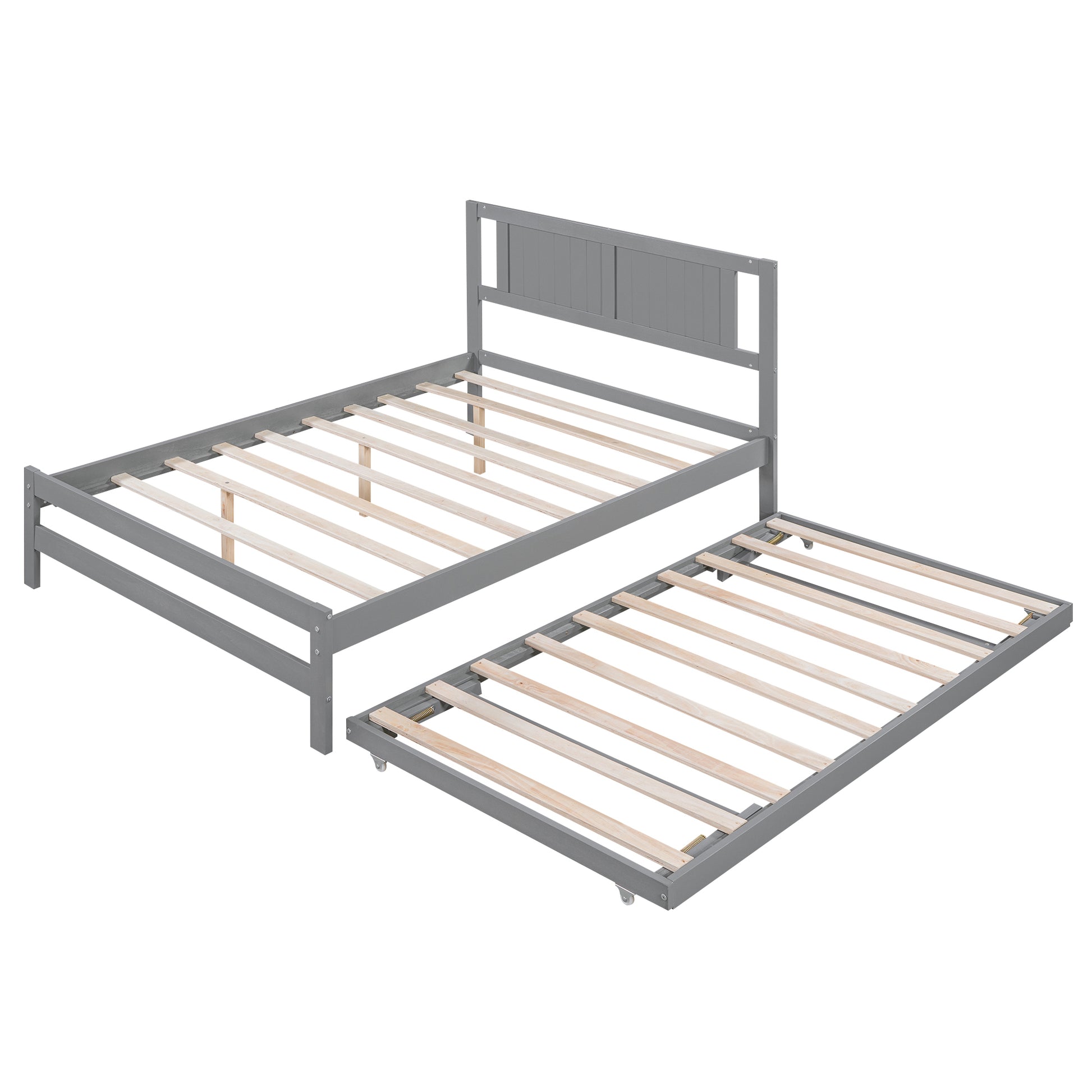 Full Size Platform Bed With Adjustable Trundle,Gray Old Sku:Sm000248Aae Gray Pine