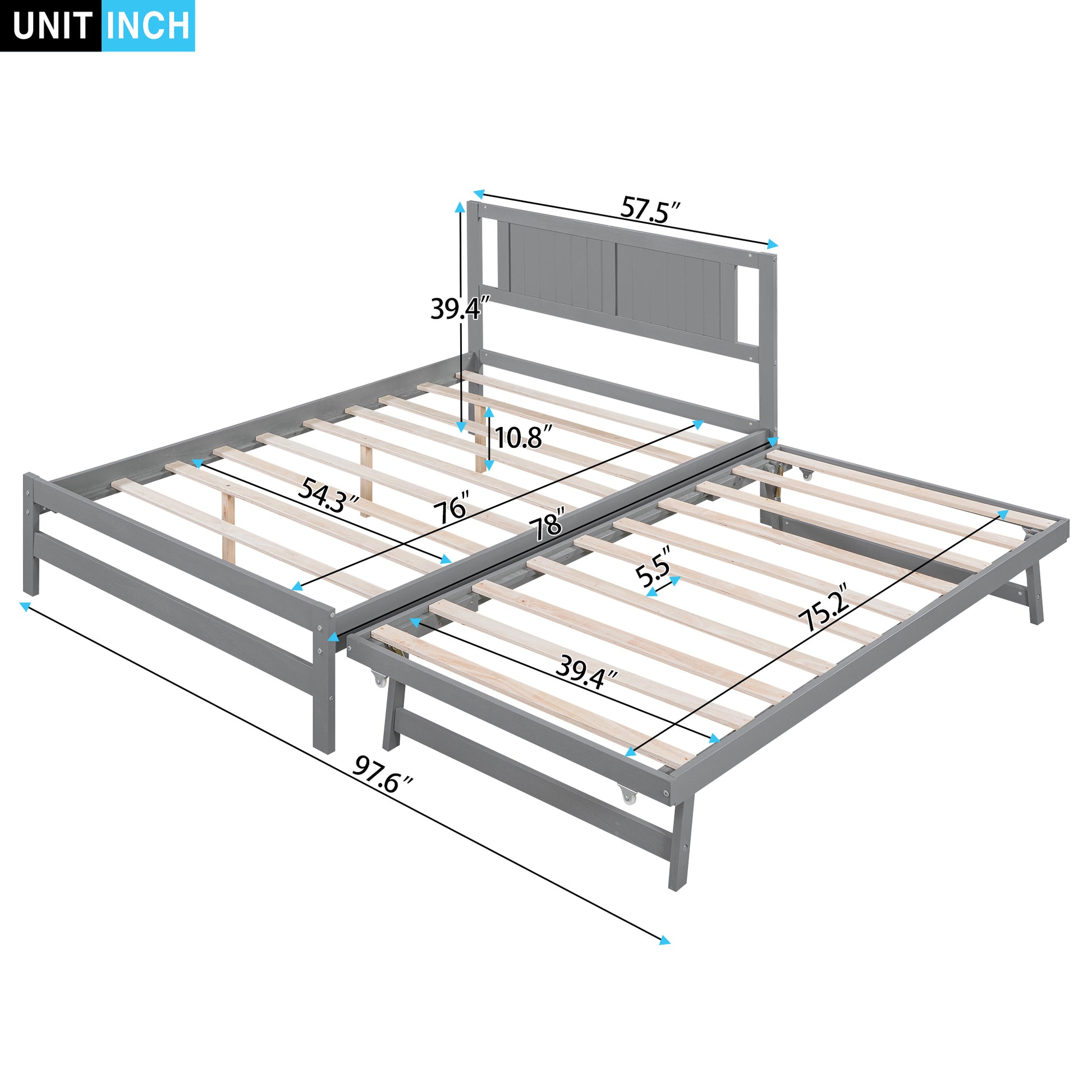 Full Size Platform Bed With Adjustable Trundle,Gray Old Sku:Sm000248Aae Gray Pine